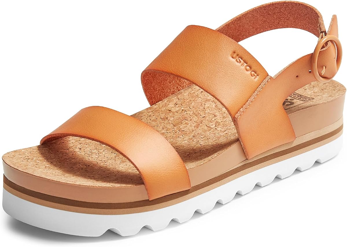 Ustogi Women's Platform Sandals Arch Support Beach Slides for Woman Orthotic Summer Causal Cork Footbed Adjustable Buckle Elastic Band Cushion Cute Flatform sandalias de mujer