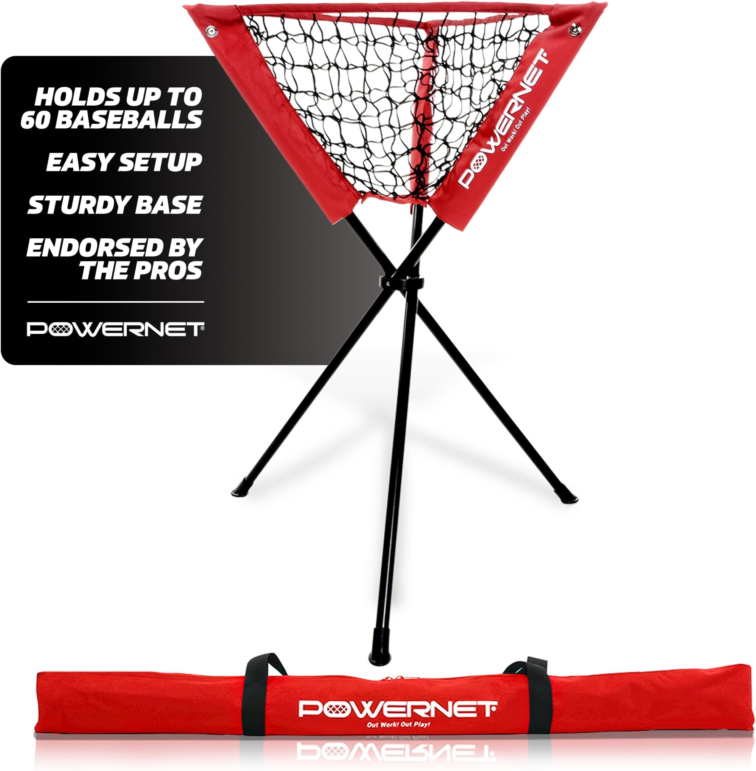 PowerNet Baseball Softball Portable Batting Practice Ball Caddy (Red) | Use During Training and Drills | Save Your Back No More Bending | Holds up to 60 Baseballs | Instant Setup | Team Colors