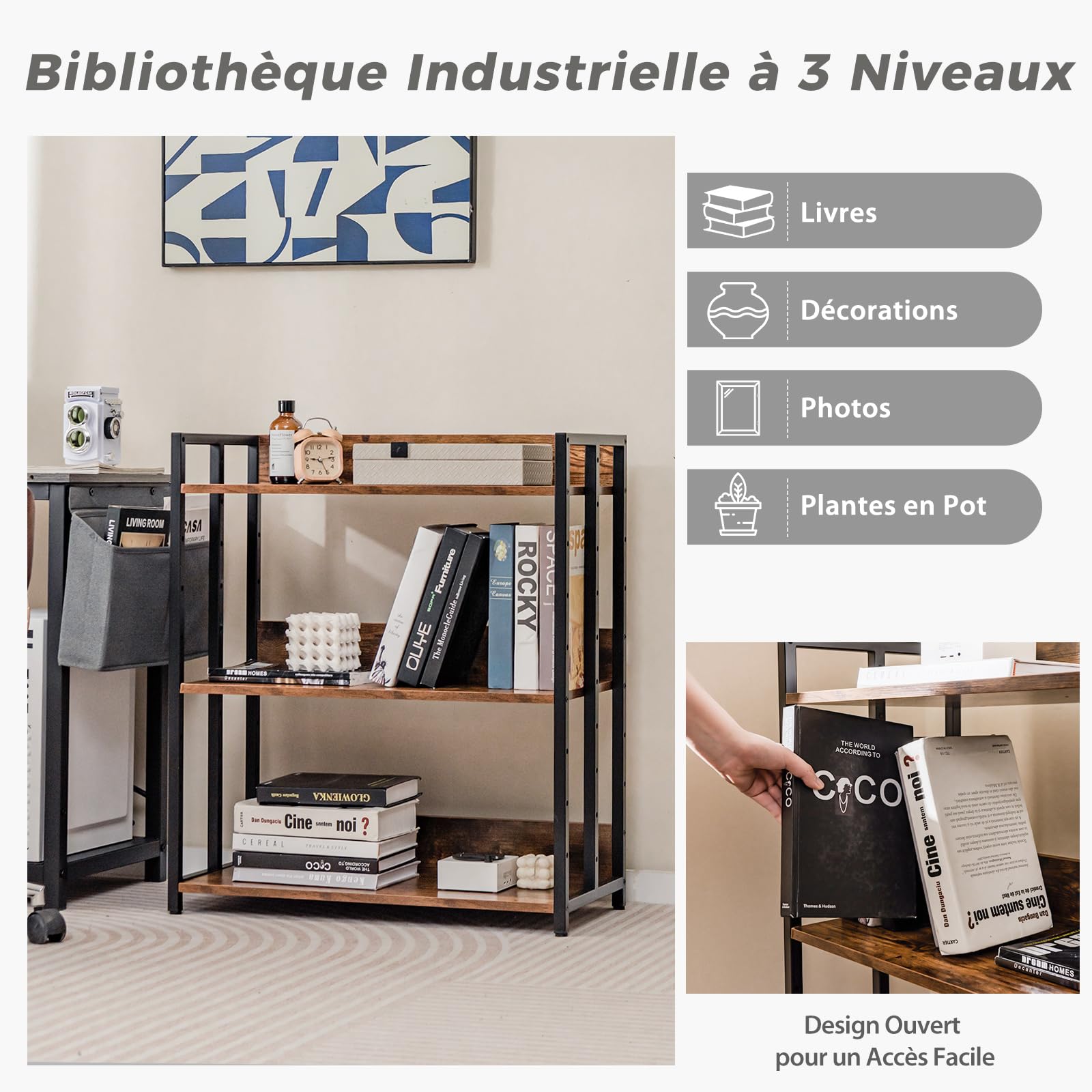 COSTWAY Bibliothèque Industrielle à 3 Niveaux Étagères Réglables (Marron)