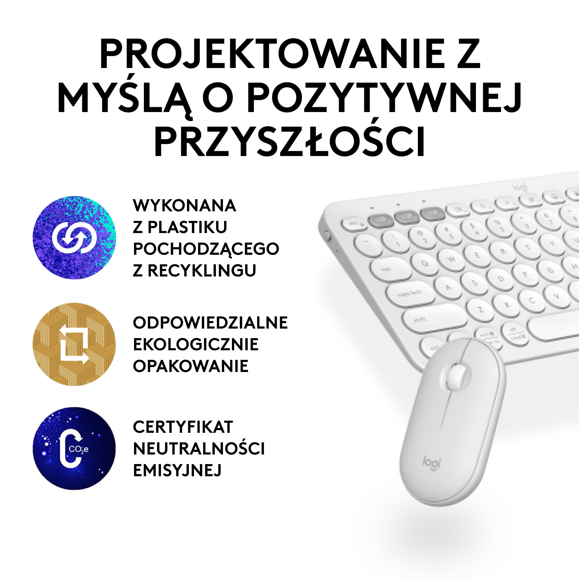 Logitech Pebble 2 Combo, Bezprzewodowa klawiatura i mysz, cicha i przenośna, personalizowana, Logi Bolt, Bluetooth, Easy-Switch dla Windows, macOS, iPadOS, Chrome,QWERTY układ US international, Biały