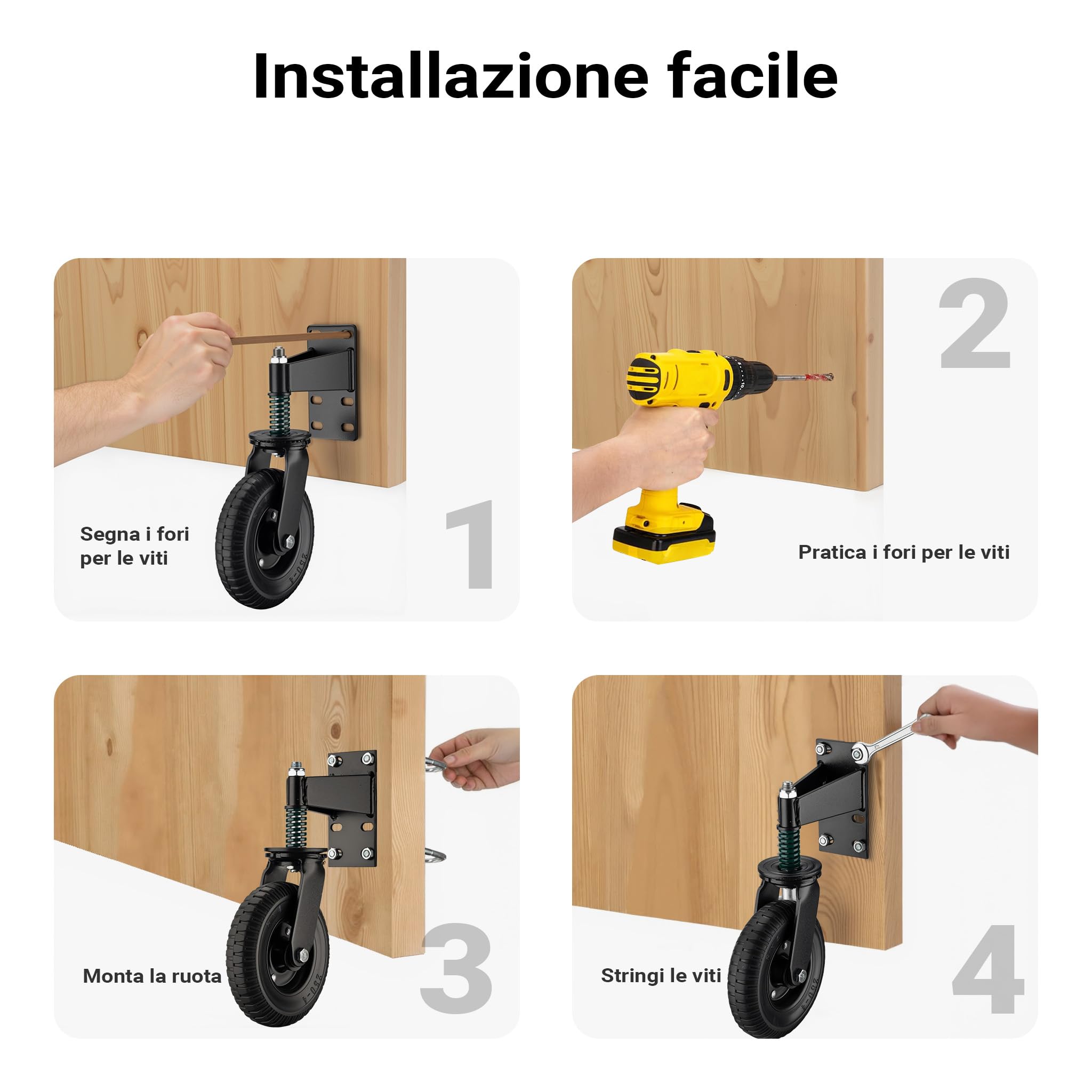 Wiltec Ruota per cancello girevole a 360°, diametro 200 mm, portata max 275 kg, ruote per cancelli pesanti, in acciaio vernicato a polvere e gomma, per cancello scorrevole e da giardino
