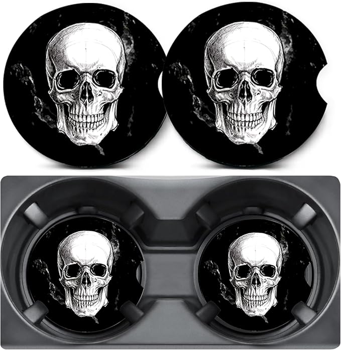 2 Pack Car Coasters for Cup Holders,Black and White Skull Head Car Cup Holder Coasters,2.75