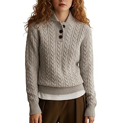 Womens Cable Knit Button Sweater Mock Neck Long Sleeve Pullover Cozy Winter Jumper for Casual Office Wear