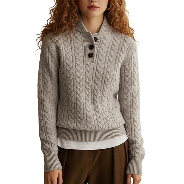 Womens Cable Knit Button Sweater Mock Neck Long Sleeve Pullover Cozy Winter Jumper for Casual Office Wear