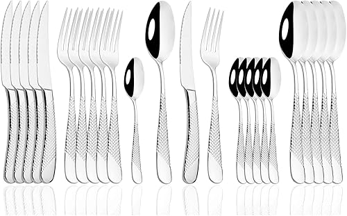 JASHII Juego de cubiertos plateados de 24 piezas, utensilios de acero inoxidable 304, juego de vajilla para 6, moderno juego de cubiertos pulido con