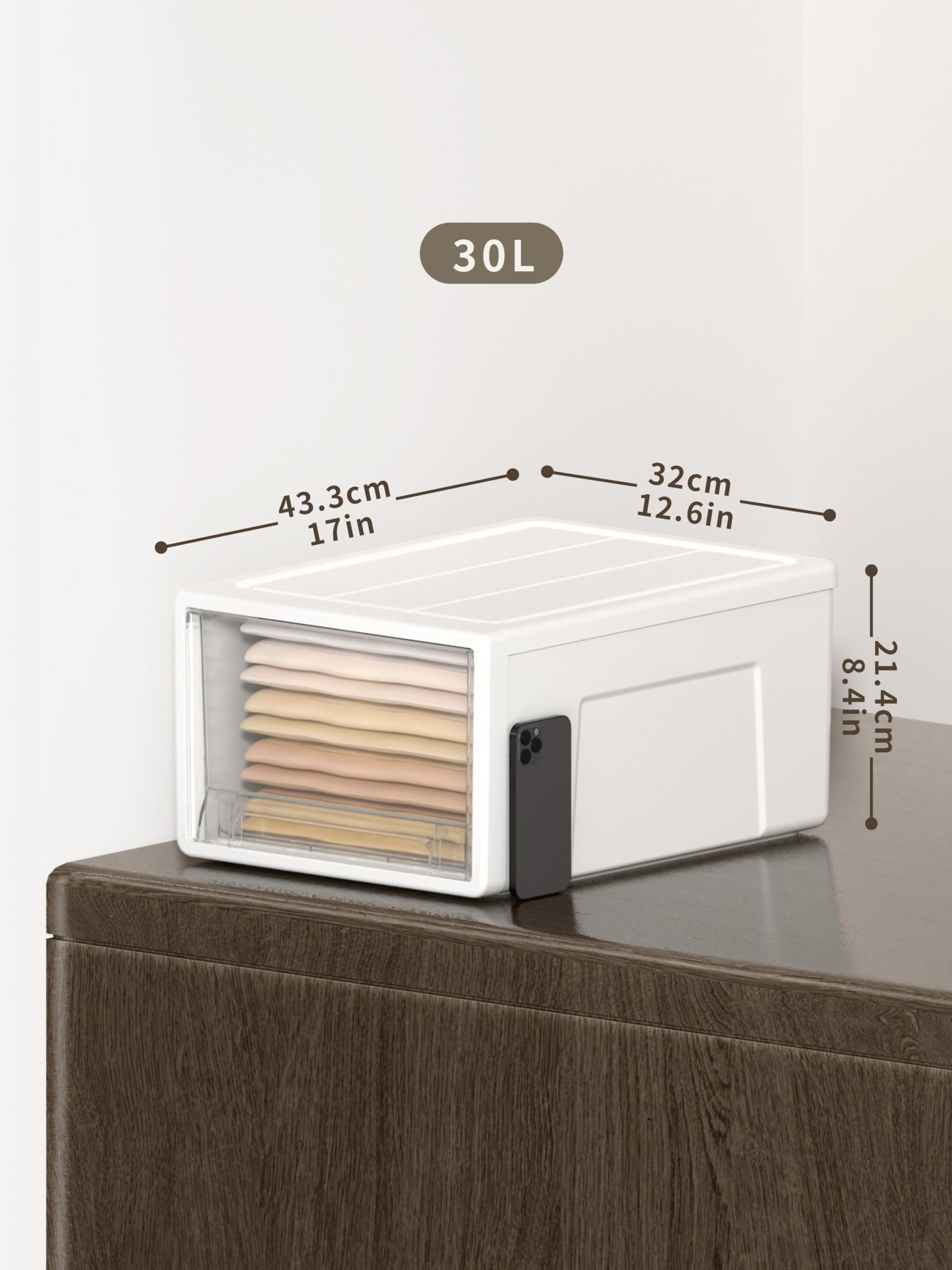 Cetomo 30L*3 Cajones de Almacenamiento de Plástico, Organizadores para Escritorio de Oficina, Caja de Almacenamiento, Torre Apilable para Cosméticos, Resistente, Blanco, Transparente, 30L-3 Unidades