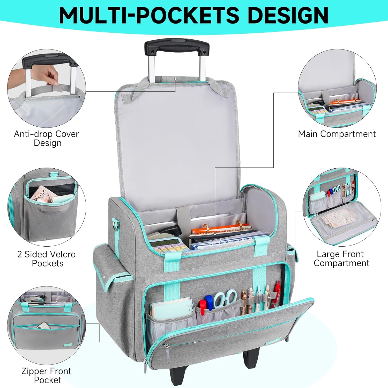 Rolling Teacher Bag with Wheels, Teacher Tote Bag with Detachable Trolley, Large Cart Briefcase with 17in Laptop Sleeve for Women Teaching Office Work Craft Nurse,Gray - Image 3