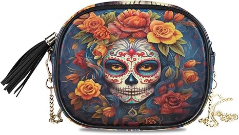 ALAZA Women's Dia Muertos Mexican Day Of The Dead Girl Sugar Skull PU Leather Crossbody Bag Shoulder Purse with Tassel