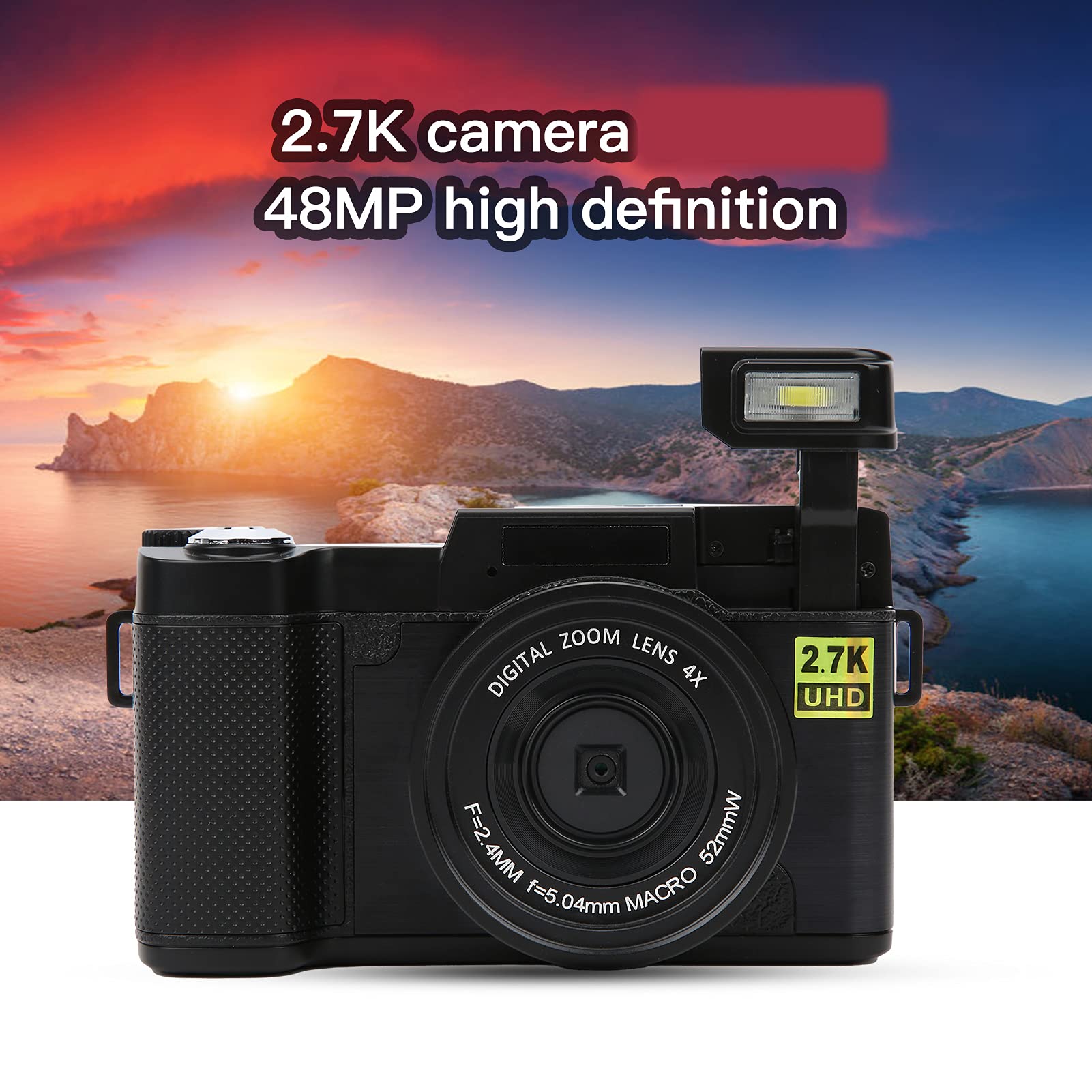 Fotocamera Digitale, Schermo LCD Flip 180° da 3 Pollici, Videocamera Full HD 2,7K 48MP per Vlog, Batteria Integrata 800mAh per Bambini