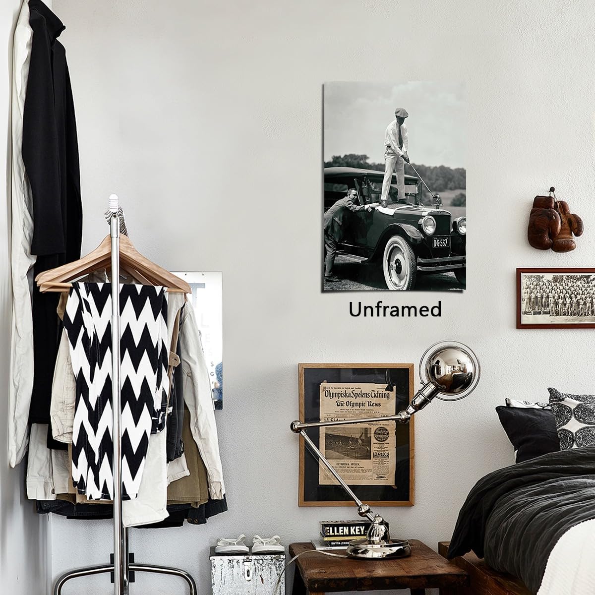 Vintage Black And White Wall Art Funny Golfer Teeing on Car Poster Home Room Wall Decor-Museum Quality Photo Art Canvas Prints Pictures For Bathroom Bedroom Decor