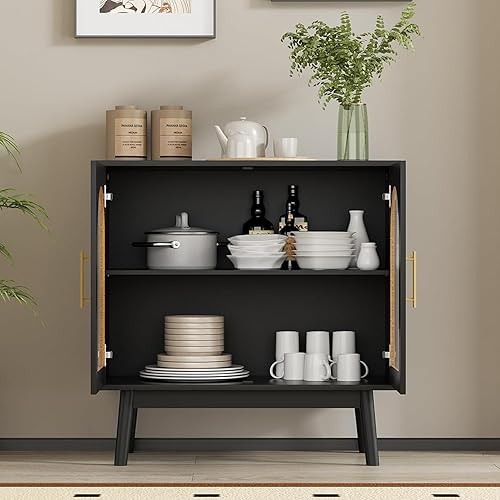 Miniatura 4 de Aparador de buffet con almacenamiento de cocina, acento con puertas de cristal, gabinete de almacenamiento moderno negro para sala de estar,