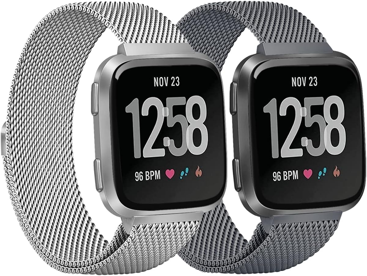 Afoskce 2 Pack Metal Bands Compatible with Fitbit Versa/Fitbit Versa 2 Band for Women Men, Adjustable Replacement Magnetic Stainless Wristbands for Fitbit Versa/Versa Lite/Fitbit Versa 2/Versa SE