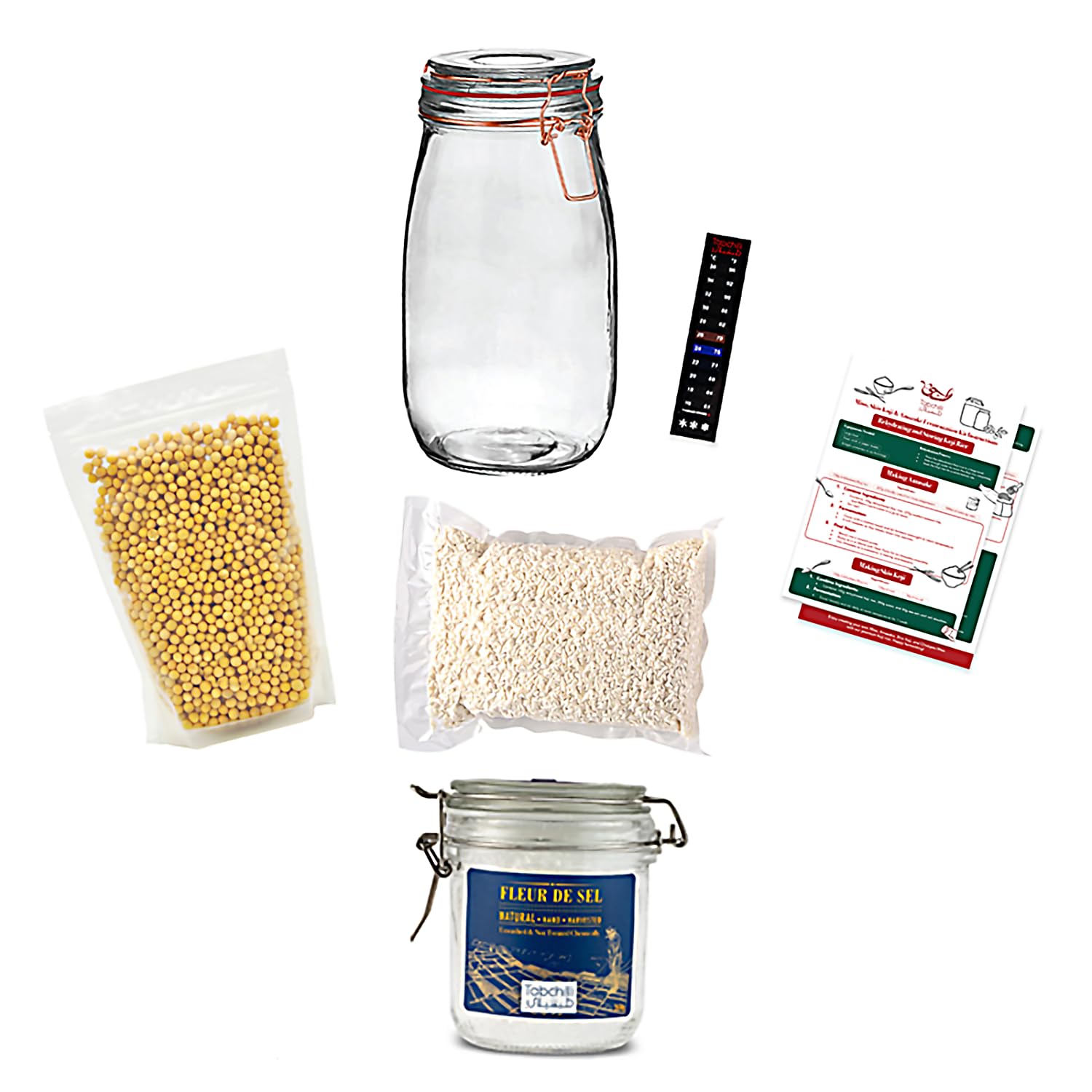 Tabchilli Miso Making Kit, Includes 350g Organic Soybeans, 350g Koji Rice, 300g Fleur De Sel, 1L Glass jar, Temperature Strip, and Recipe Card, Make White, Yellow, and Red Miso with Miso Making Kit
