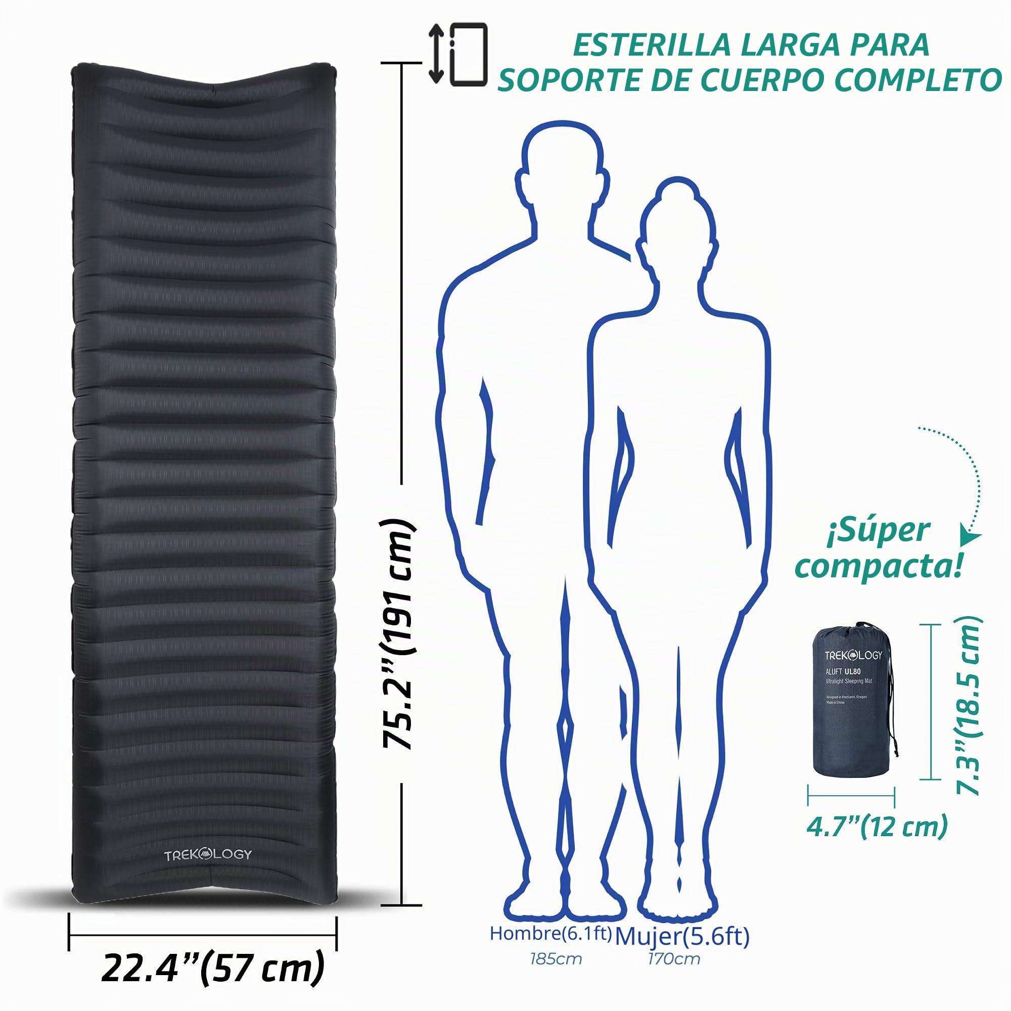 TREKOLOGY UL80 - Colchoneta para Dormir, colchón de Camping Inflable UL80, colchonetas Ligeras para Campamento, Cama Inflable Individual Ultraligera para una Buena Noche de sueño