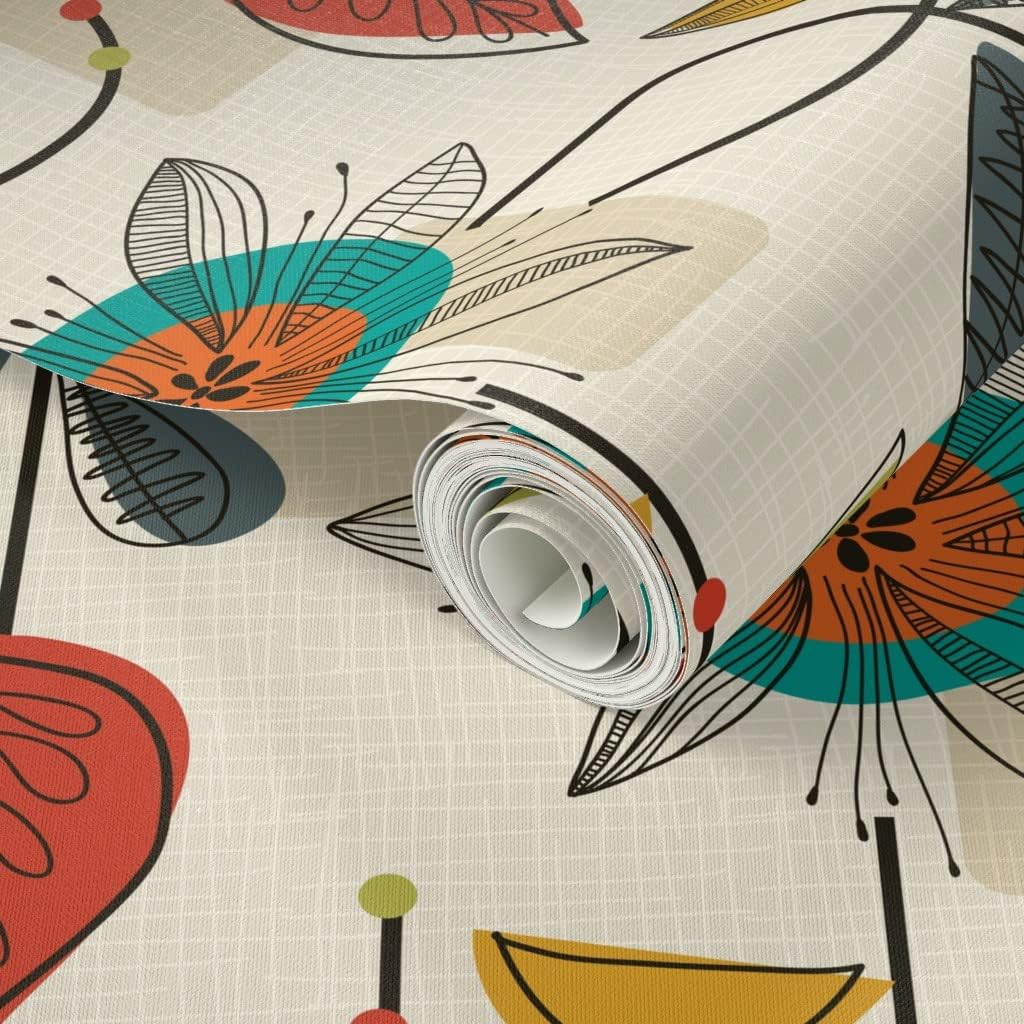 Spoonflower Peel & Stick Wallpaper 3ft x 2ft - 1950 Mid Century Modern, Retro, Vintage, Classy, Floral,Cream, Blue, Red, Block, Geometric, Custom Removable Wallpaper