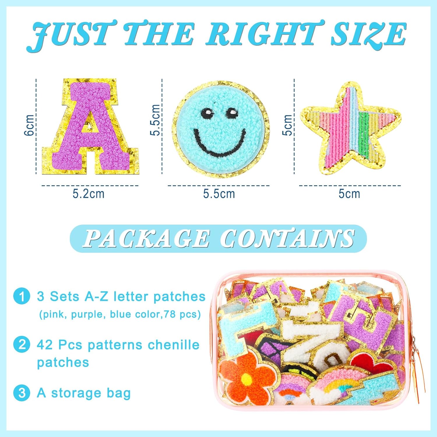 Yilloog 120 Pcs Chenille Letter Patches Iron on Patches Embroidered Stickers Include 78 Letters Patches 42 Stars and Flower Heart for Hat Jacket Clothing Jeans DIY School(White, Blue, Purple)