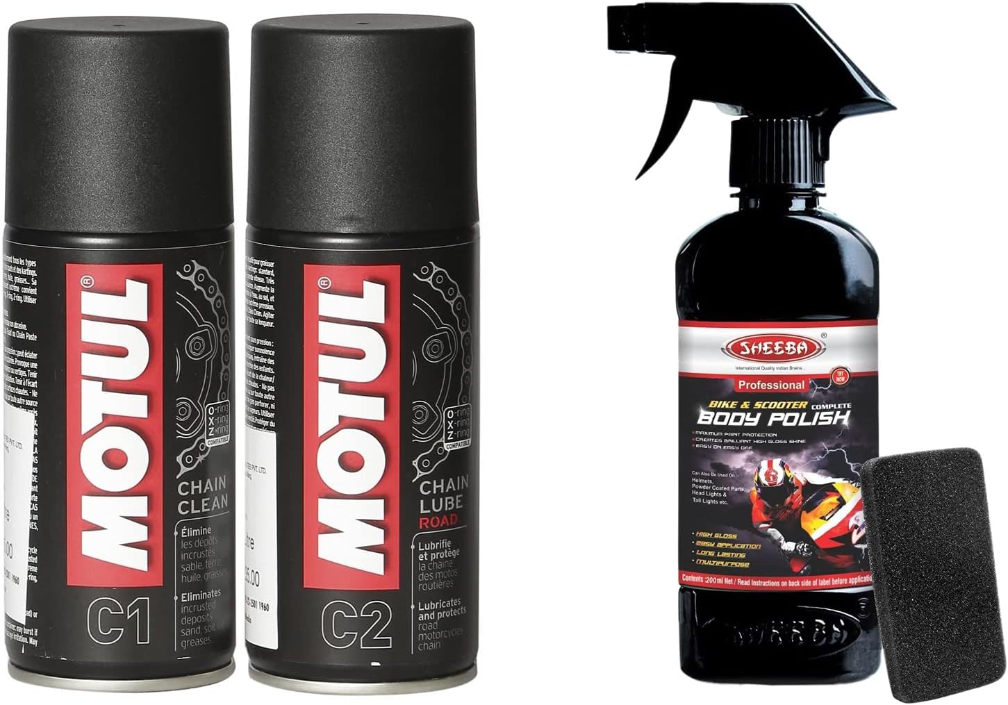 Combo of C2 Chain Lube (150 ml) and C1 Chain Clean for All Bikes (150 ml) + Sheeba Bike & Scooter Complete Body Polish (200 ml)
