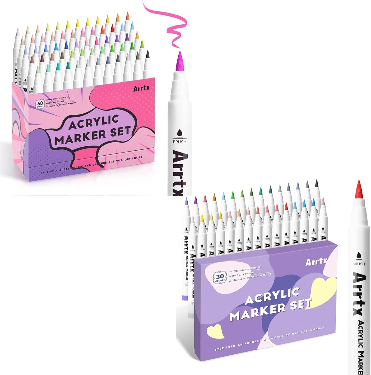 Arrtx 90Pcs Paint Markers Paint Pens 60B&30A, Acrylic Paint Pens for Artists Adults Coloring Drawing Cartoon Anime Comic - Brush Tip for Rock Painting, Wood, Canvas, DIY Crafts Making Art Supplies