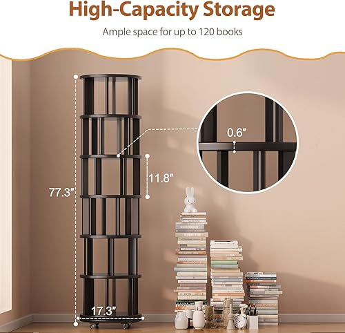 Miniatura 2 de Estantería giratoria de madera maciza con ruedas, 6 niveles, estantería giratoria redonda, torre giratoria de 360 para niños, estanterías