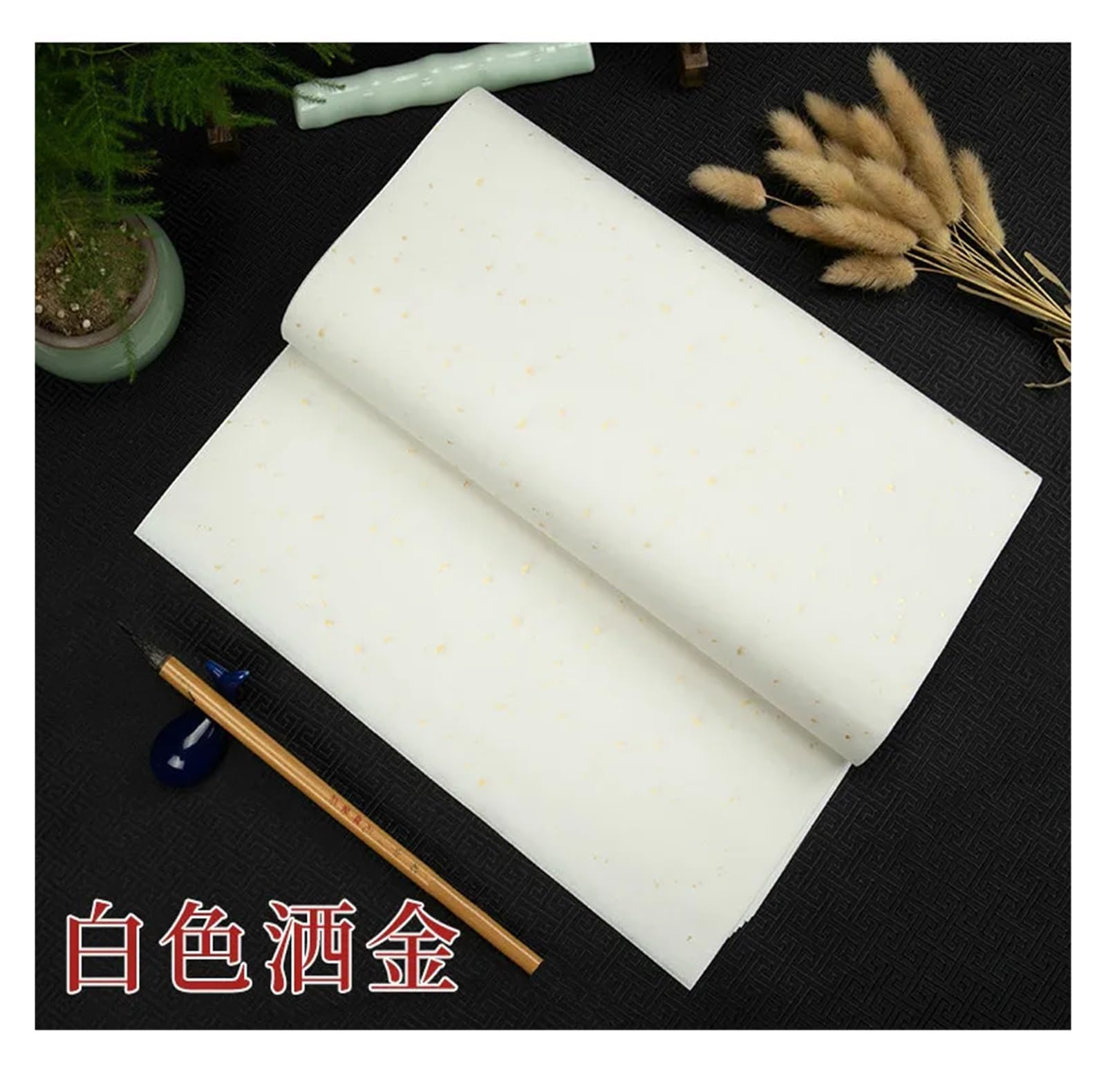 MIUYTRN Ręcznie robiona chińska złota folia pół dojrzały papier ryżowy kaligrafia krajobraz malarstwo tuszem papier ryżowy drzewo sandałowe kora Papier Papel cuicui(Gold foil white,34x138cm)