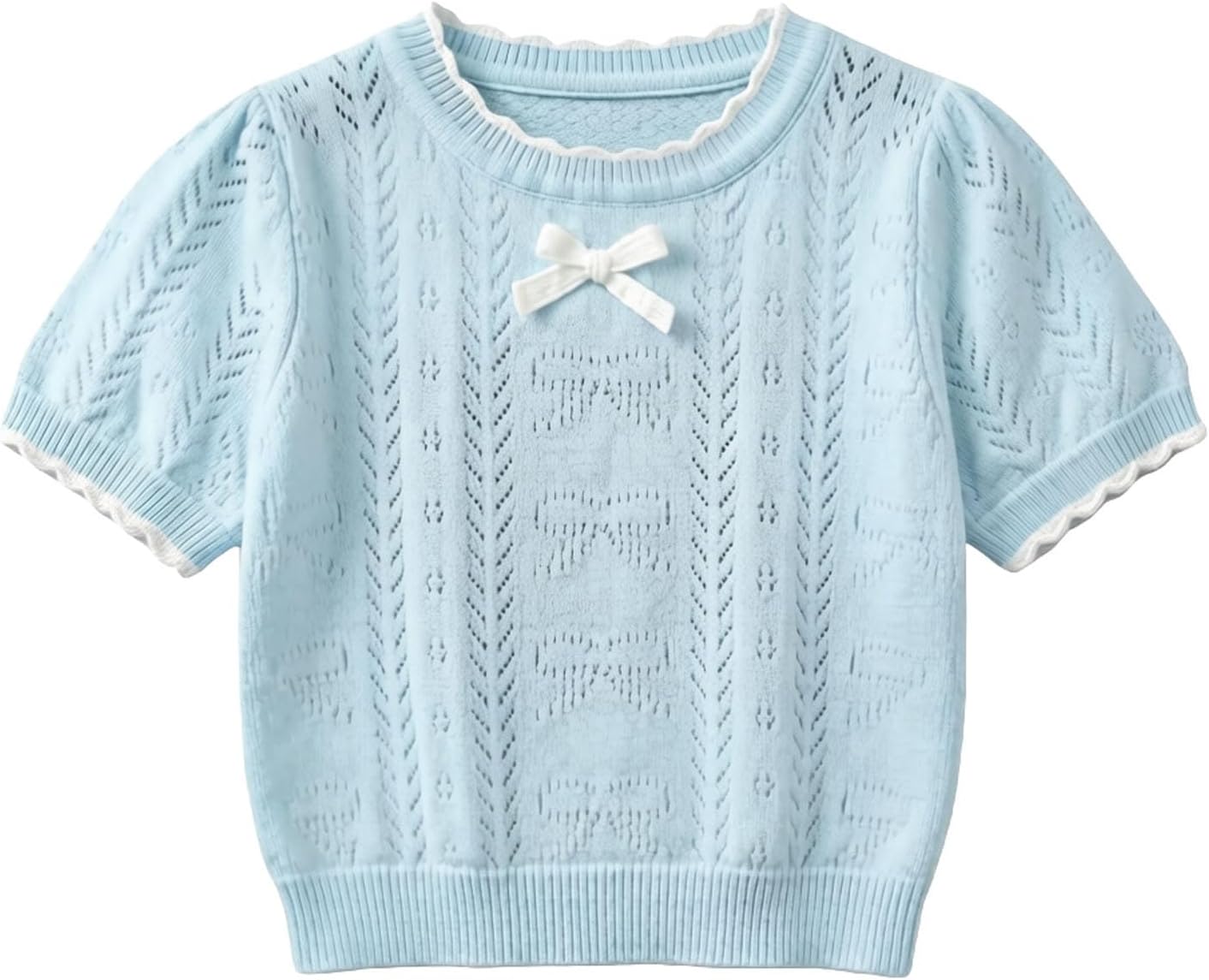 Girls Knit Sweater Casual Short Sleeve Bow Tops | Pointelle Knit Top With Bow Detail And Scallop For School, Parties, Holidays, And Daily Wear