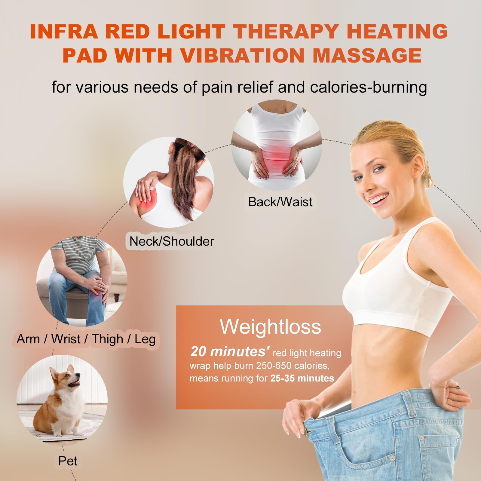 Lower Back Vibration Massager Heating Pad Infra Red Light Therapy Belt for Waist Pain Relief Fitness Muscle Relax WeightLoss Infrared Treatment Wrap Body Neck Knee LED Near Red Light Therapy Device