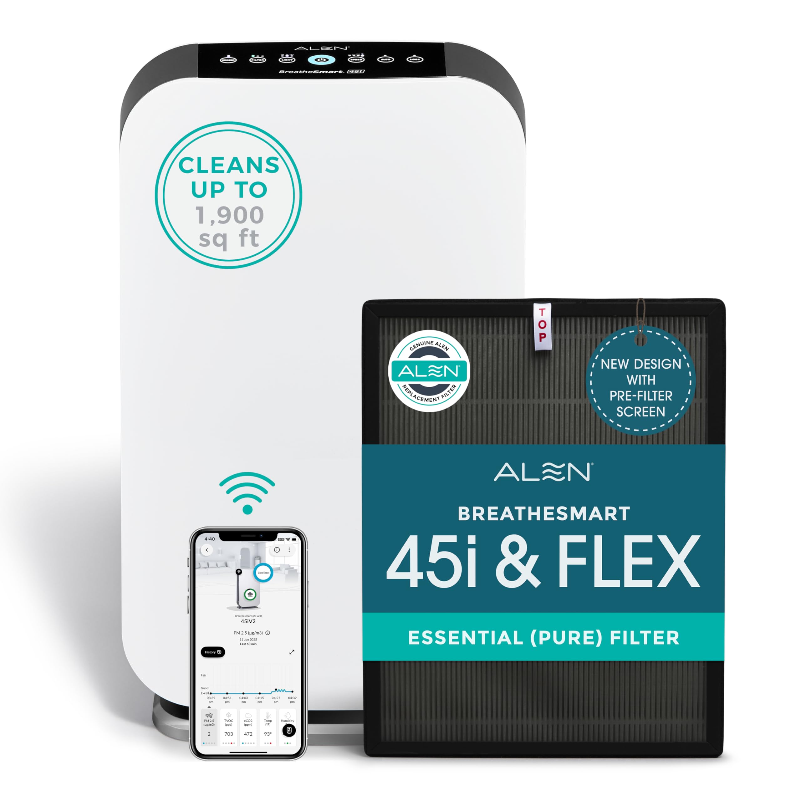 Alen Air Purifier BreatheSmart 45i HEPA with Pure Filter for Large Rooms 1900 Sq Ft Perfect for Bedrooms