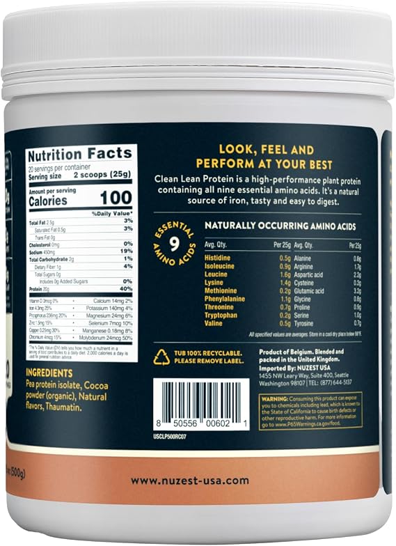 Nuzest Vegan Pea Protein Powder - Clean Lean Protein 20 Servings 20g Protein, Rich Chocolate Protein Shake Mix + Sports Shaker Bottle 24oz