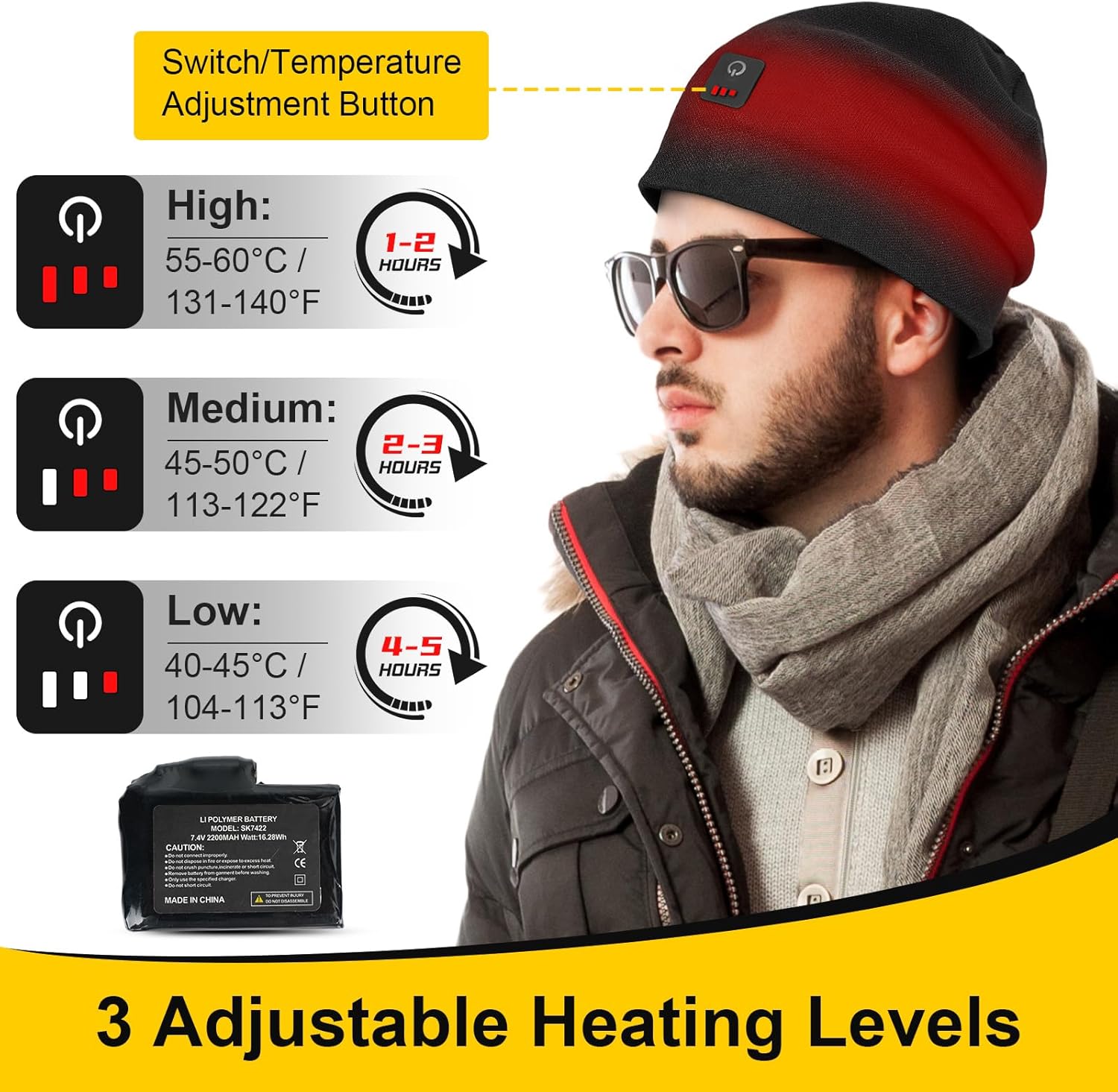 Dr.Warm Heated Hat for Men Women, APP Control Electric Heated Hats 7.4V Rechargeable Battery Heated Beanie Hats for Winter Hunting Fishing Skiing Outdoor Work Black - Image 3