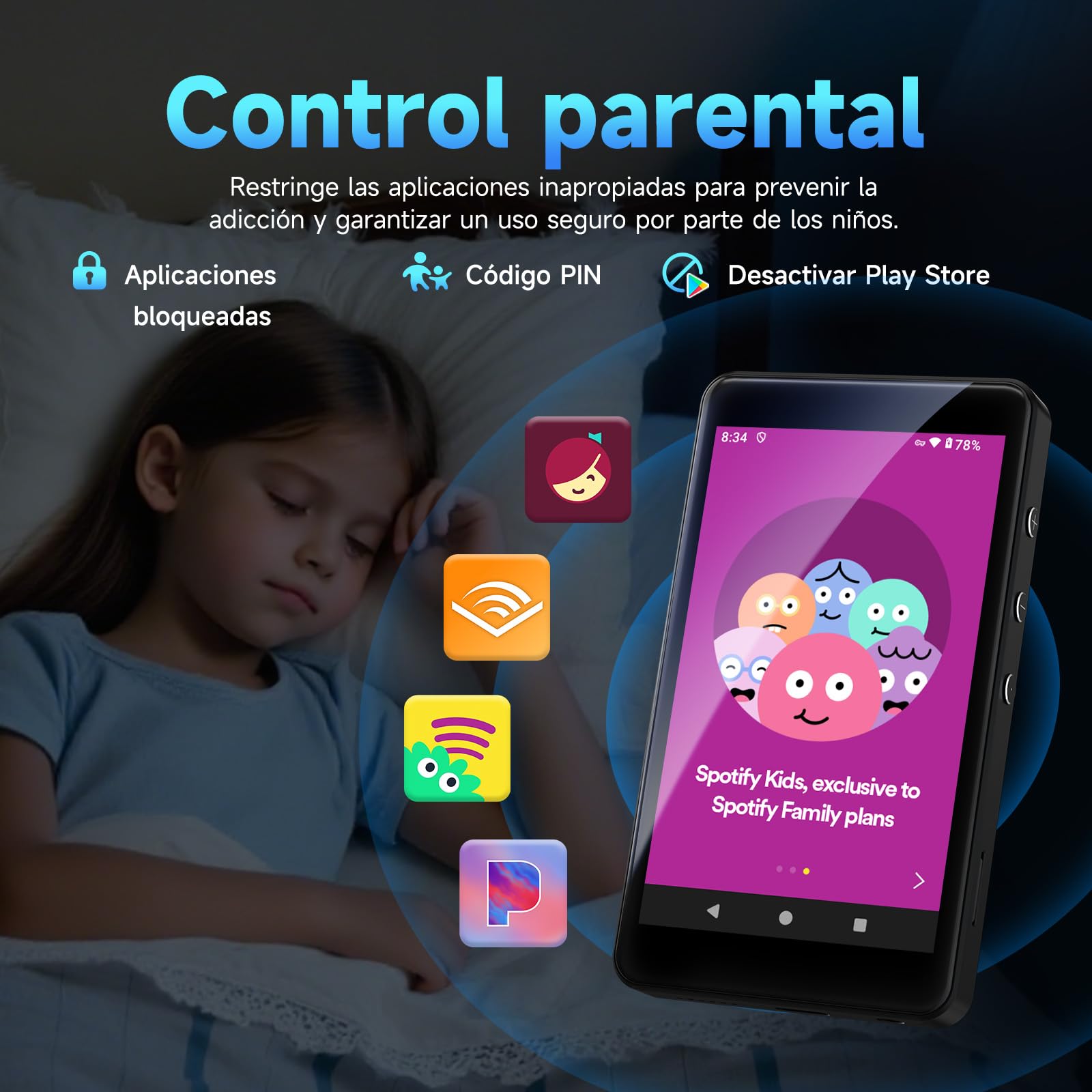 Reproductor MP3 Android 14 con Spotify, Play Store, Amazon Music, Audible, Libby, Reproductor de música MP4 con Pantalla táctil de 4" para niños con Control Parental, Modo Eye-Care (Negro Espacial)