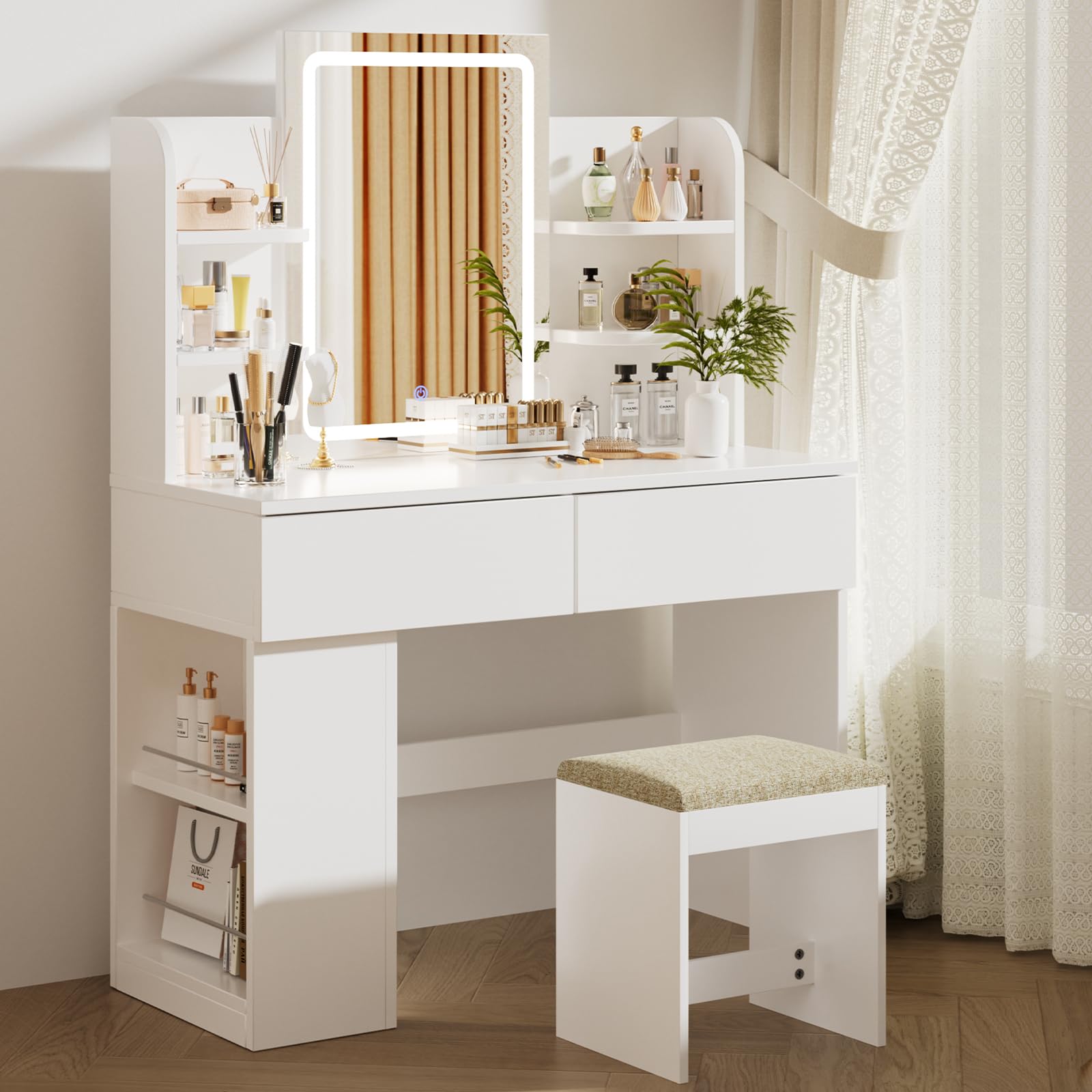 Devoko Make-uptafel met spiegel, verstelbare ledlampen, verstelbare planken met 2 laden, make-uptafel, moderne toilettafel van wit hout (Witte Witte