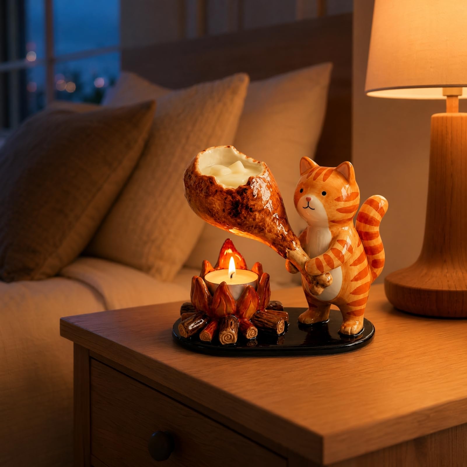 Quoravel Campfire Animal Tealight Holder, Durable Resin Candle Holder, with Cat Fox And Dachshund Figurines, Warm Cozy Atmosphere Decorative Candle Stand Orange B