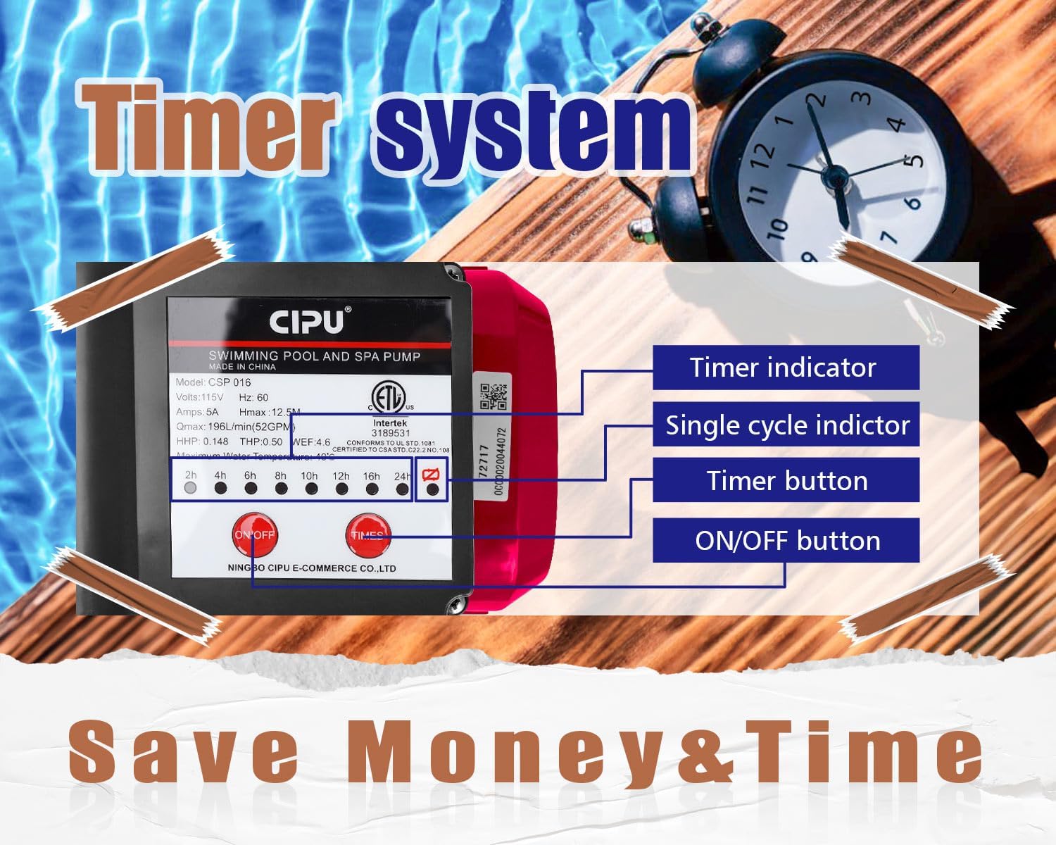 CIPU 1/2 HP Pool Pump with Timer, 3120 GPH Above Ground Pool Pump with Filter Basket and Hose Adapters, 115V Self-Priming Pool Filter Pump Replacement for Sand Filter Systems