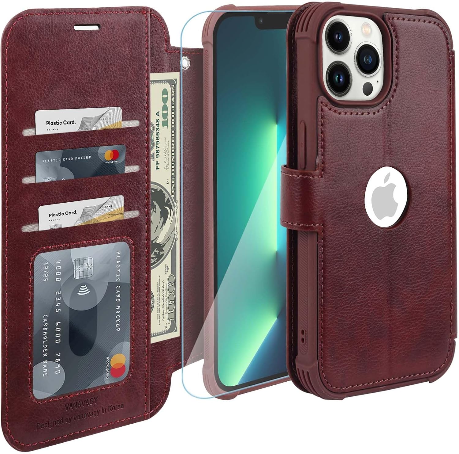 VANAVAGY Compatible for iPhone 13 Pro Max Wallet Case for Women Men, PU Leather Flip Folio Cover with Wristlet for Wireless Charging with RFID Blocking Card Holder Screen Protector,Burgundy