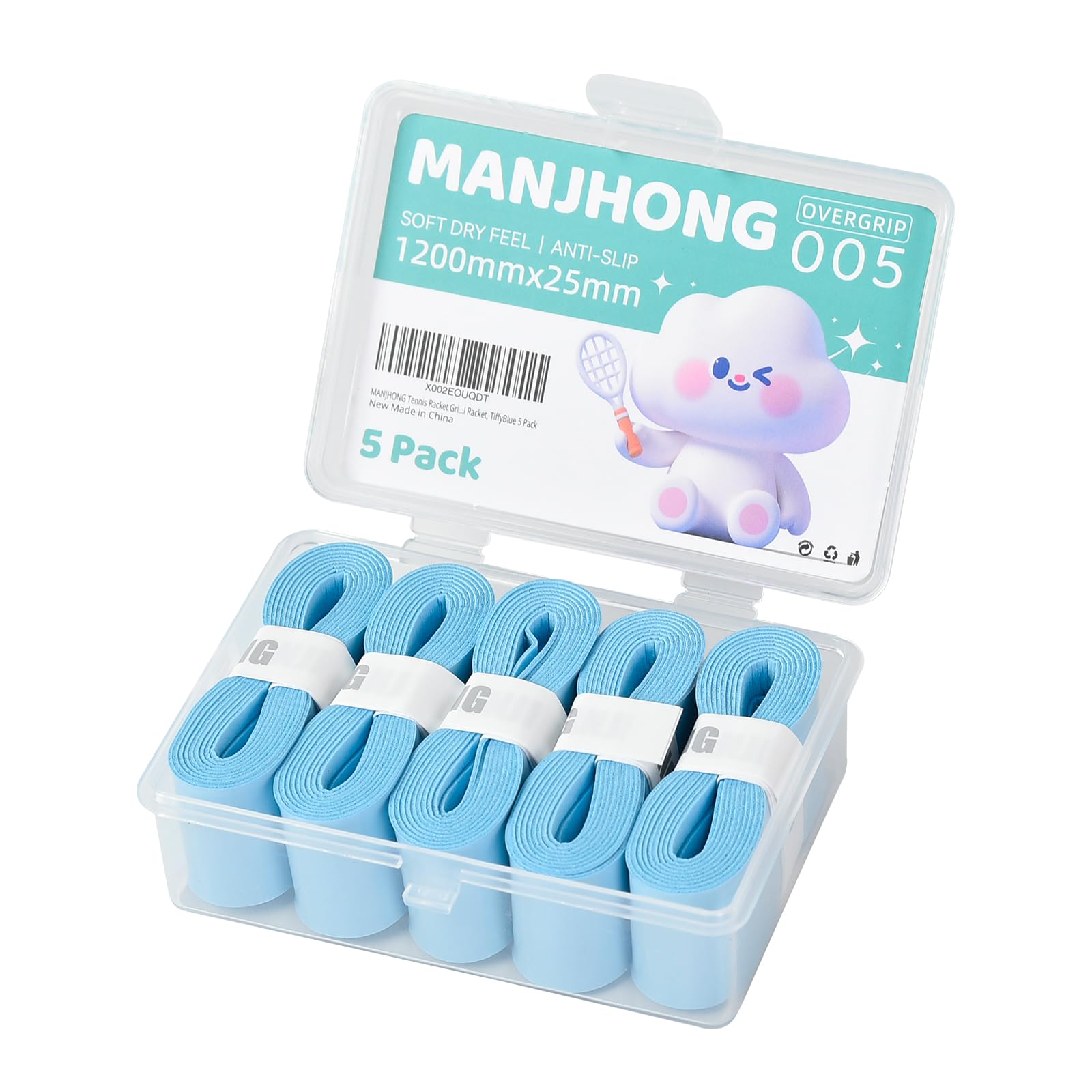 MANJHONG Badminton Racket Grip Tape with Storage Box - Tennis Overgrip - Soft & Non-Slip Handle Tape for Padel, Squash Racquet, Sky Blue 5 Pack