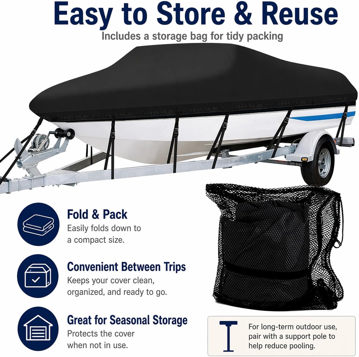 Anglink Boat Cover 14-16 ft, 600D Marine Grade Water Resistant Trailerable Storage Cover for V-Hull, Runabout, Bass Boat & Fishing Boat, Fits Up to 90" Beam Width,Black