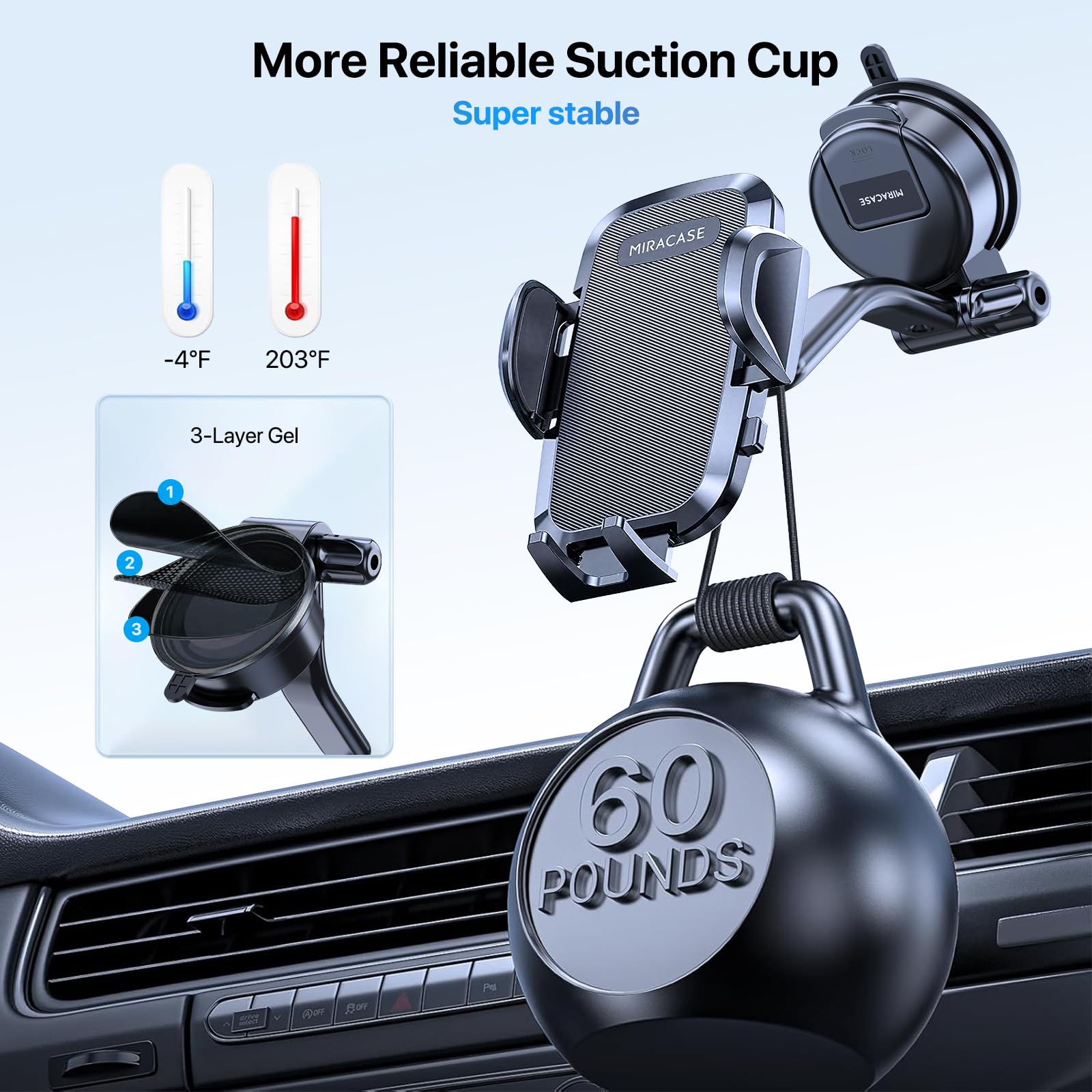 Miracase Supporto per telefono da auto, super ventosa e doppio gancio in acciaio ultra stabile, rotazione a 360°, multi-scena, per cruscotto, parabrezza, furgoni, supporto per tutti i cellulari da 4,5