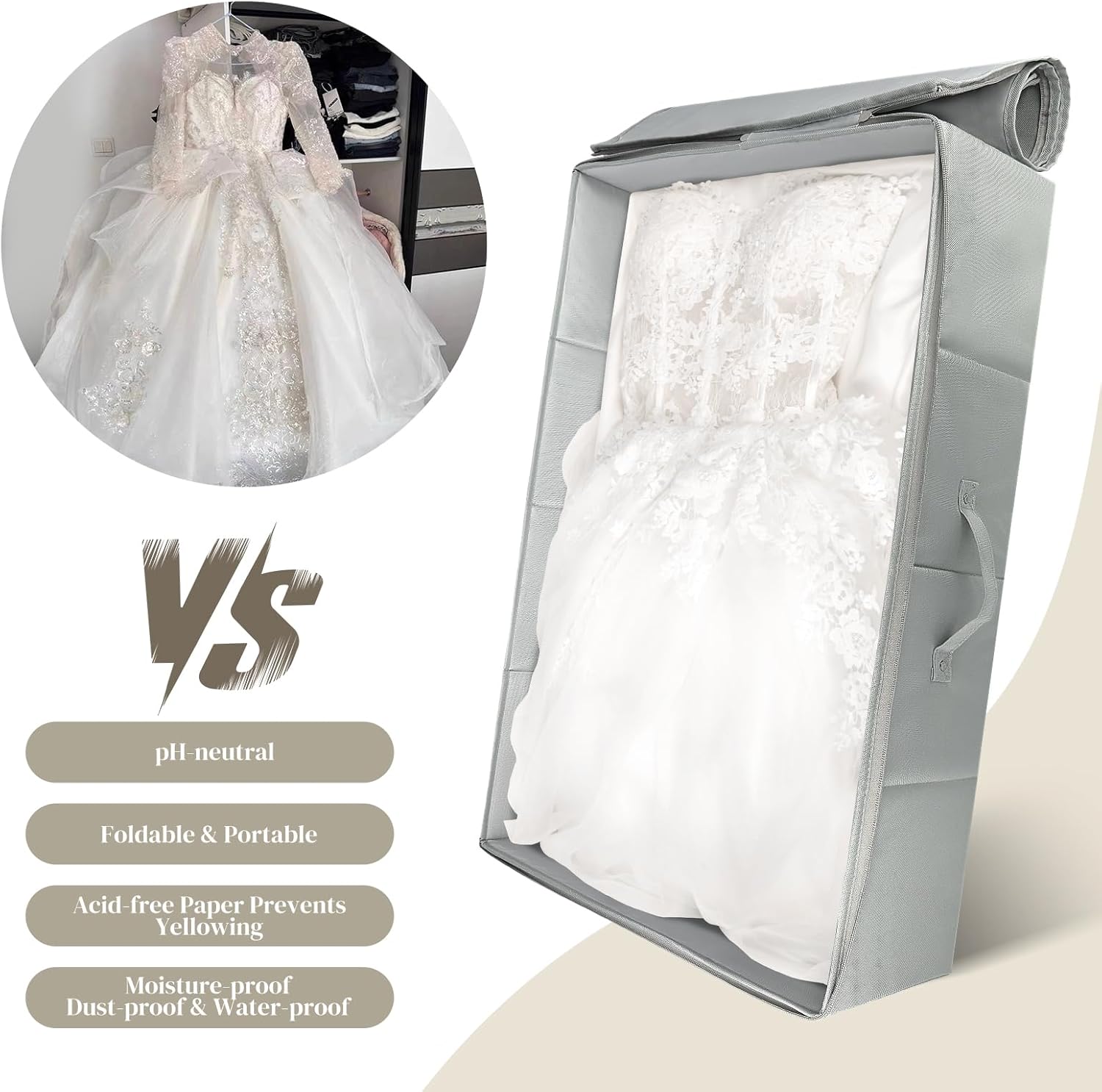 Wedding Dress Storage Box, Wedding Dress Preservation Box With 50 Sheets of Acid Free Tissue Paper and 1 Pair Microfiber Gloves, Bridal Gown Storage Box for WeddingDress, Heirlooms, Gowns (Gray)