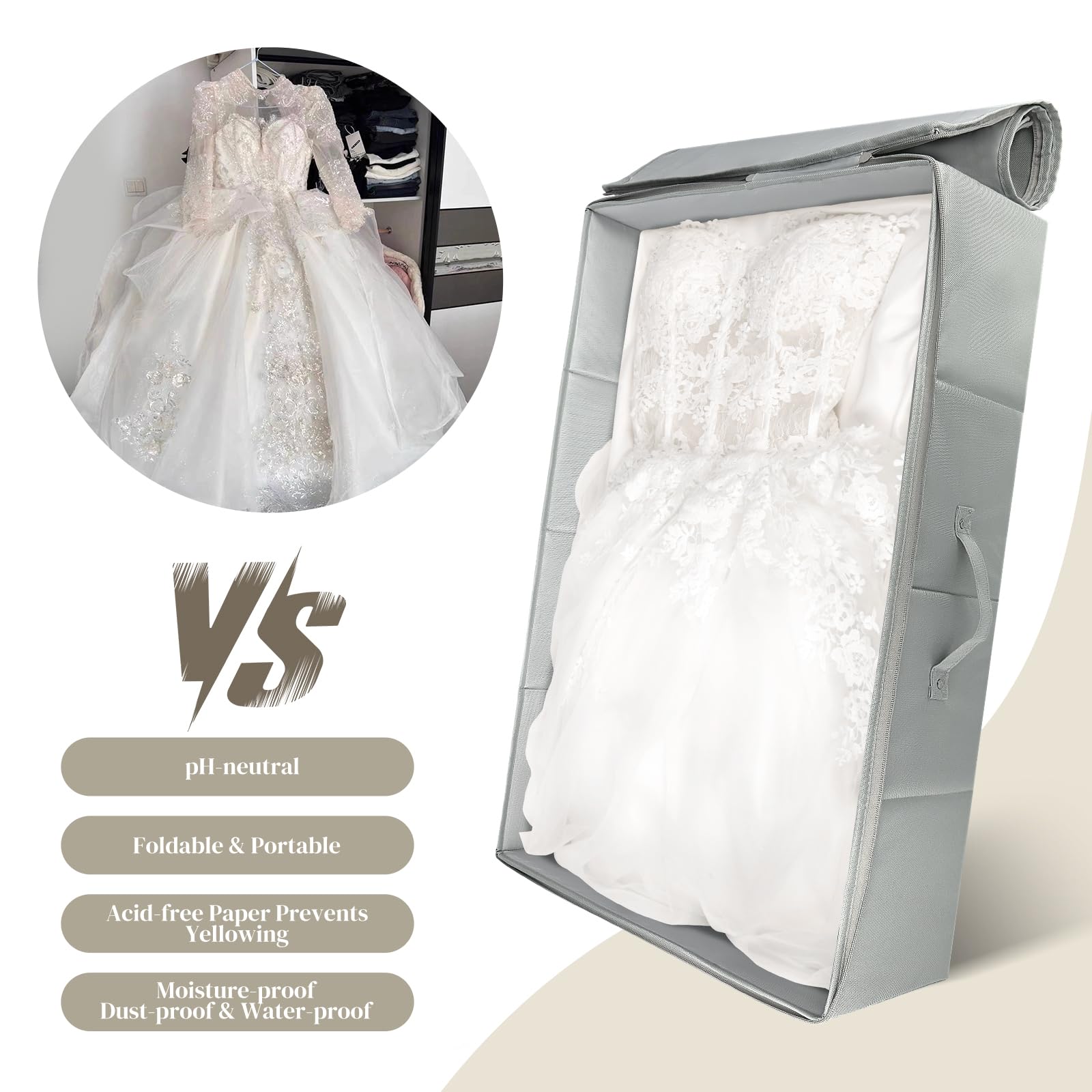 Scatola portaoggetti per abiti da sposa, scatola per conservare abiti da sposa, con 50 fogli di carta velina priva di acidi e 1 paio di guanti in microfibra, scatola portaoggetti per abiti da sposa,