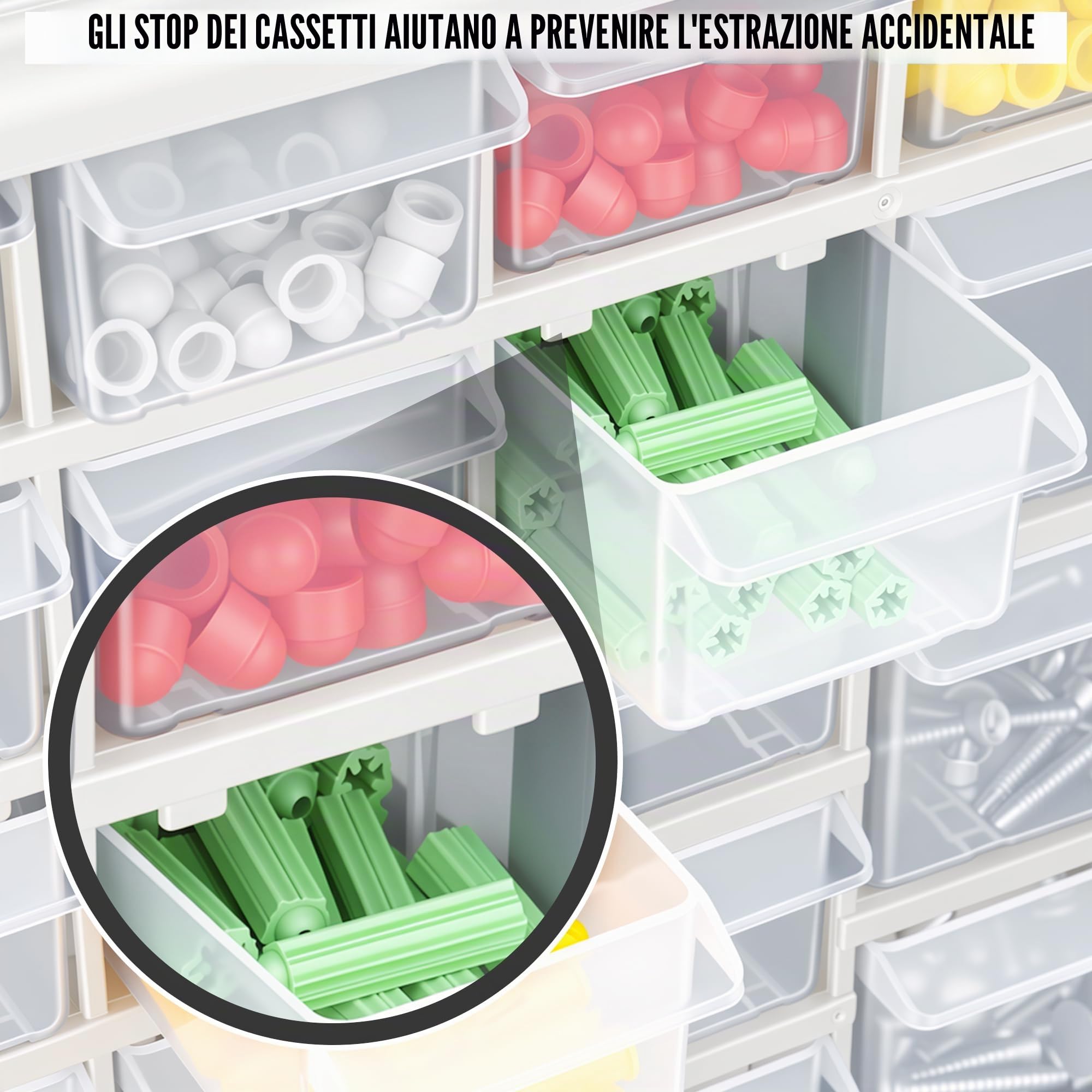 CraftGenes Organizzatore di stoccaggio per viti – Scatola di archiviazione per garage e officina con 44 cassetti e divisori regolabili, organizer murale per utensili (grigio)