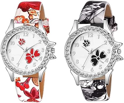 Friedrich Analogue White Dial Black to Grey & White to Red Flowers Belt Fancy Watch for Girls & Women.(Set of-2)