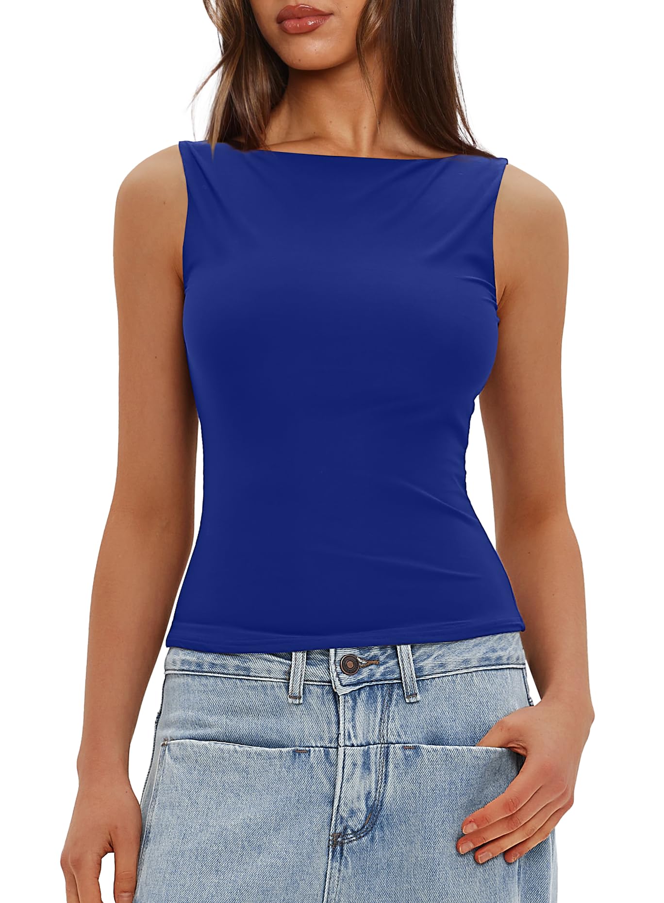 Darong Camiseta sin mangas de cuello alto para mujer, con doble forro, básica, informal, para salir