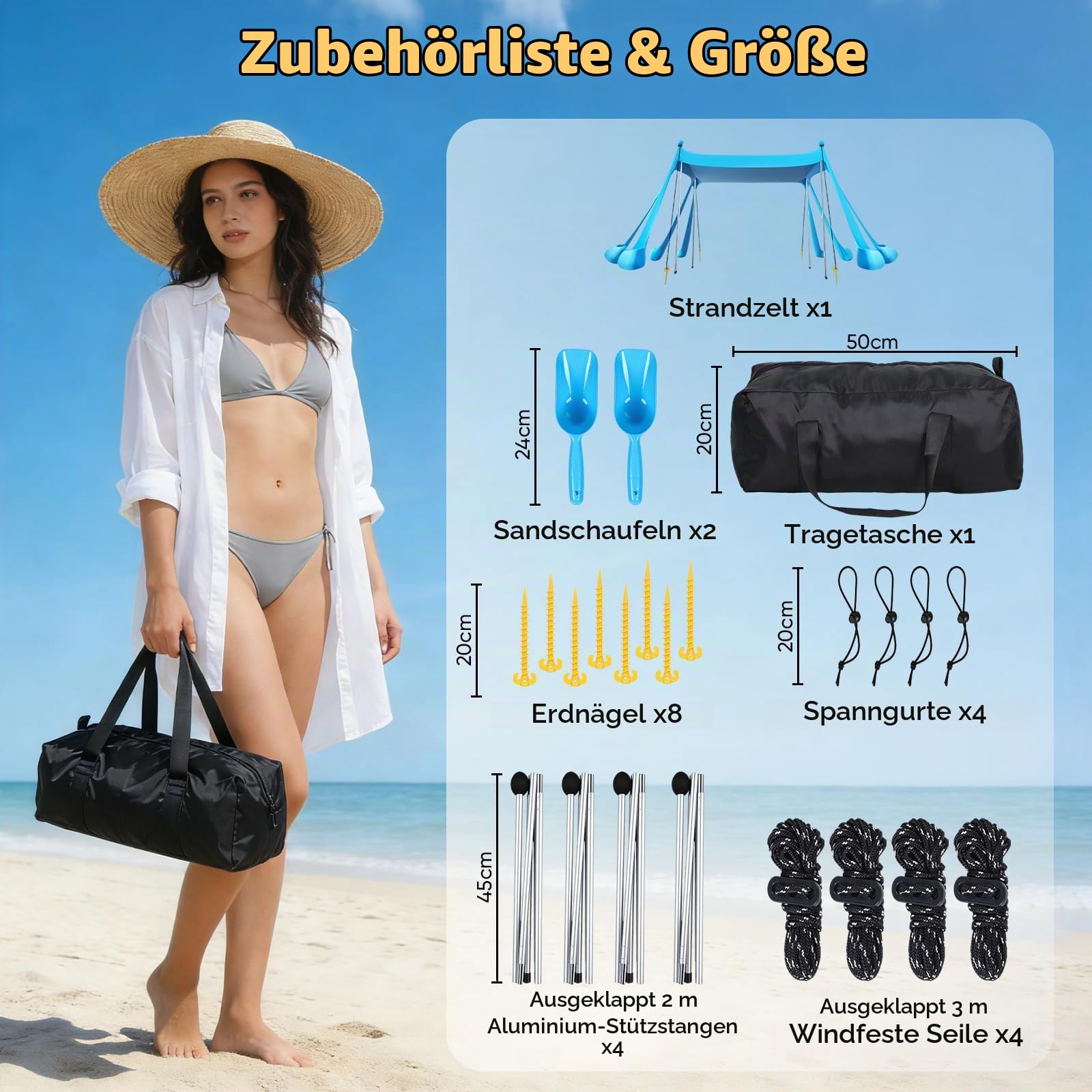 Strandmuschel 3m x 3m, UPF50+ UV-Schutz Sonnenschutz Zelt–Octagon Design mit 8 Heringen & 4 verstärkten Stangen,Großes Strandzelt für 5-8 Personen, Windbeständig für Camping,Picknick & Angeln, Blau