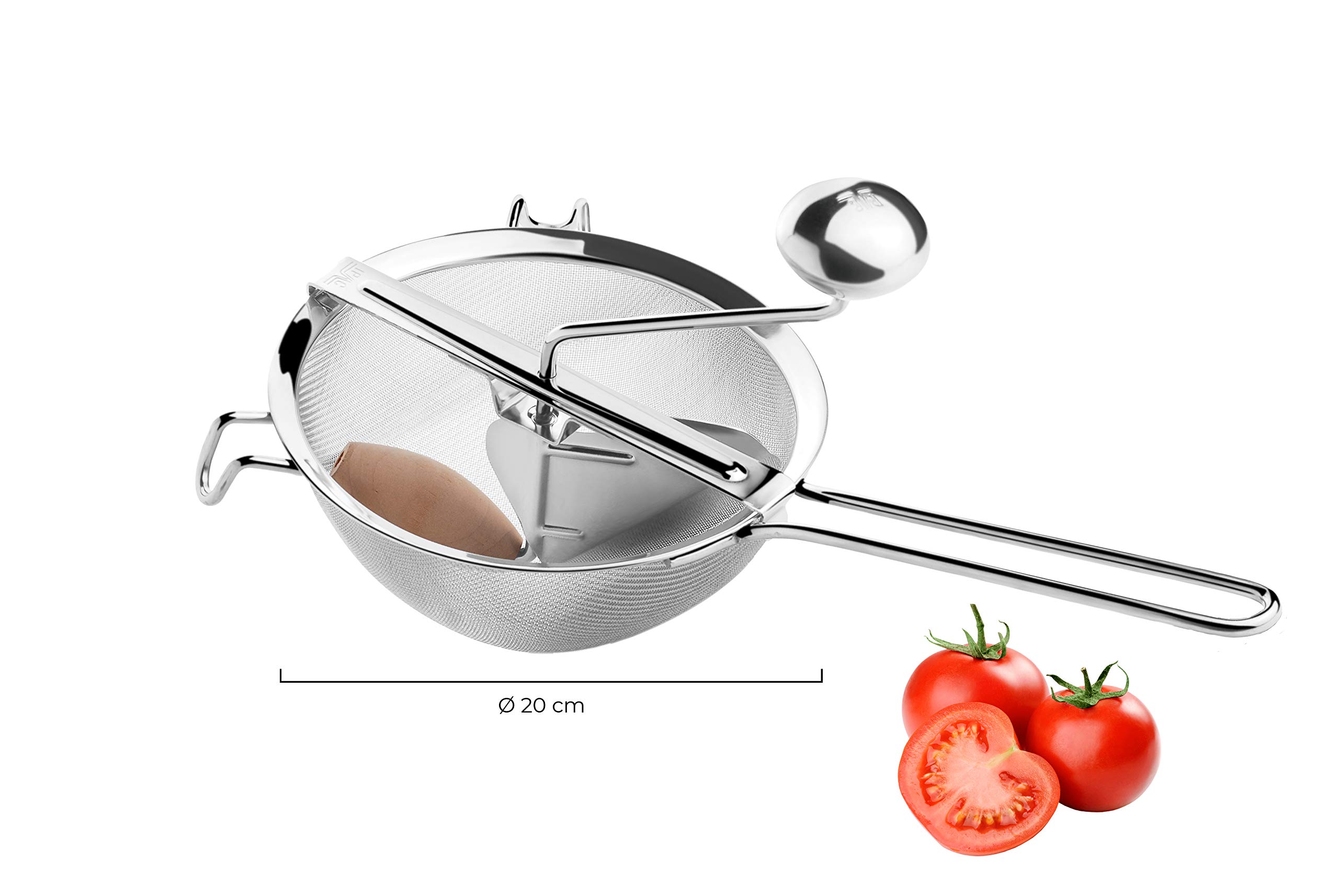 patisse 10561, Moulin à coulis, Moulin manuel à jus, Tamis ultra fin en inox, pilon bois de hêtre, Ø 20cm, Argent