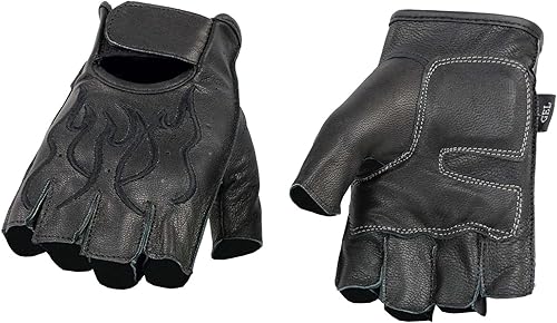 Milwaukee Leather SH198 - Guantes de motocicleta sin dedos acolchados de gel de cuero negro para hombre con bordado de llama naranja