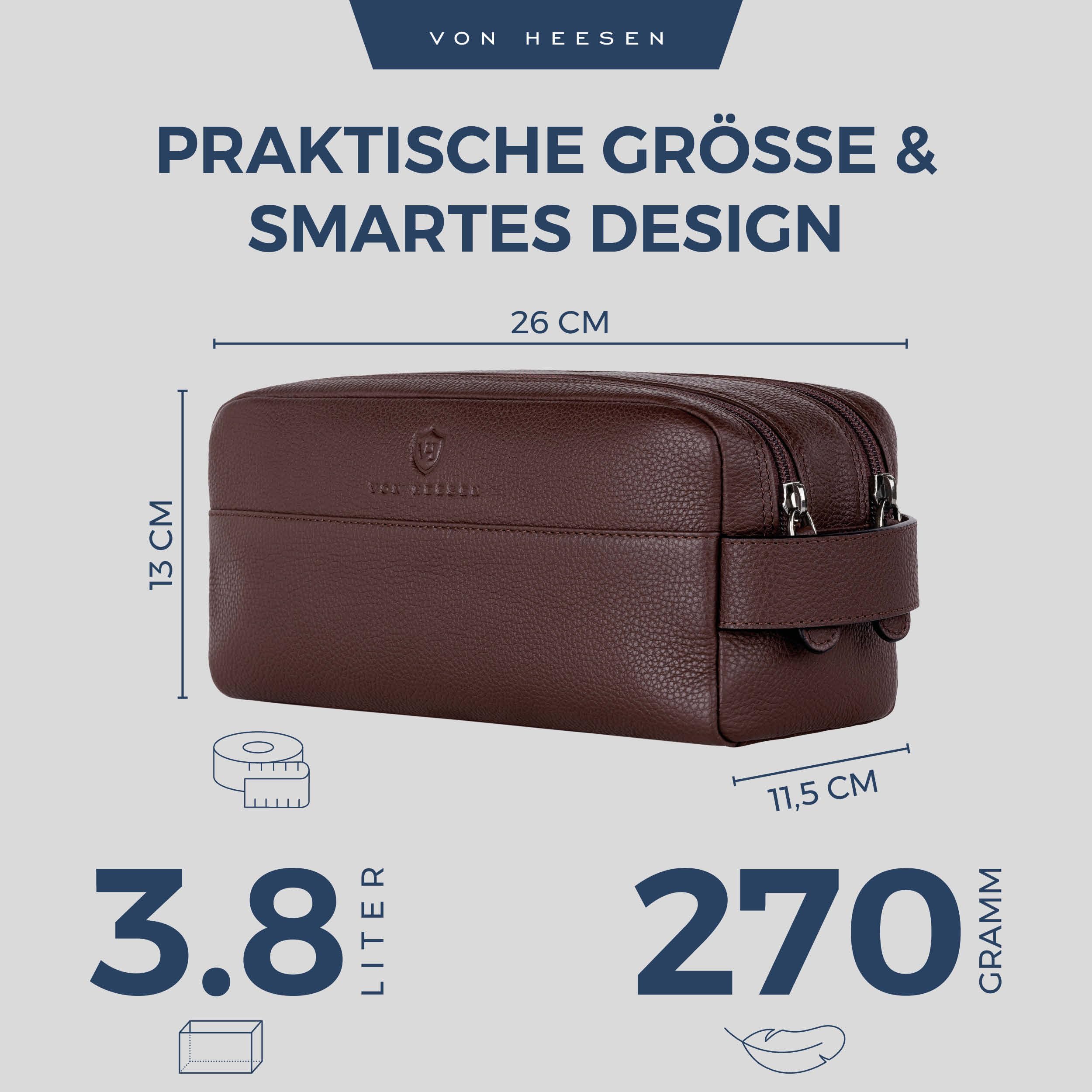VON HEESEN Kulturbeutel Leder Kulturtasche für Herren & Damen - Echtleder Necessaire ideal zum Reisen - Waschtasche und Kosmetiktasche mit Zwei Hauptfächern braun, groß