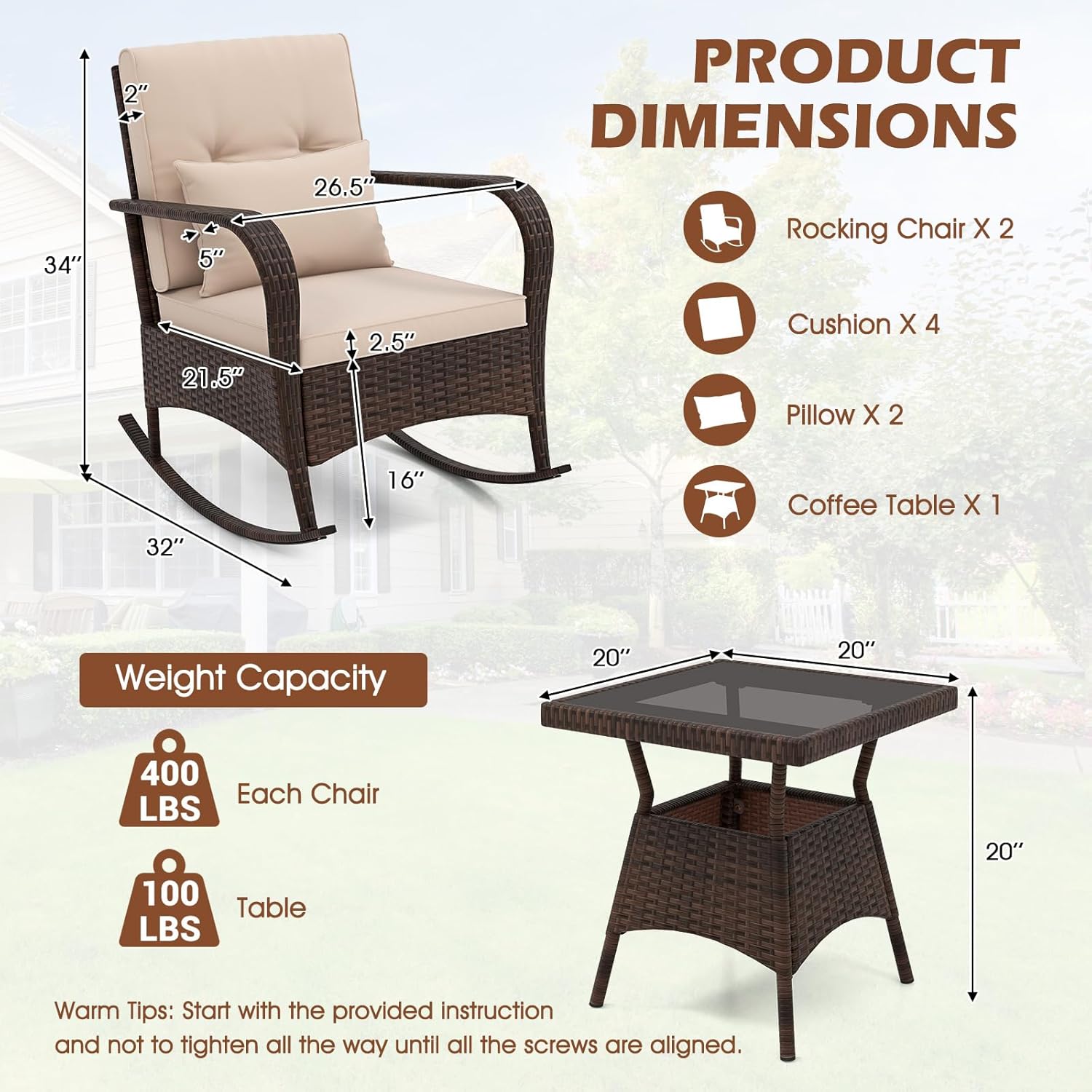 ORALNER 3 Pieces Patio Furniture Set, Outdoor Wicker Rocking Chairs with Cushions, Pillows, Glass Coffee Table, Rattan Bistro Rocker Set for Balcony Front Porch Poolside Garden Deck Yard (Beige)