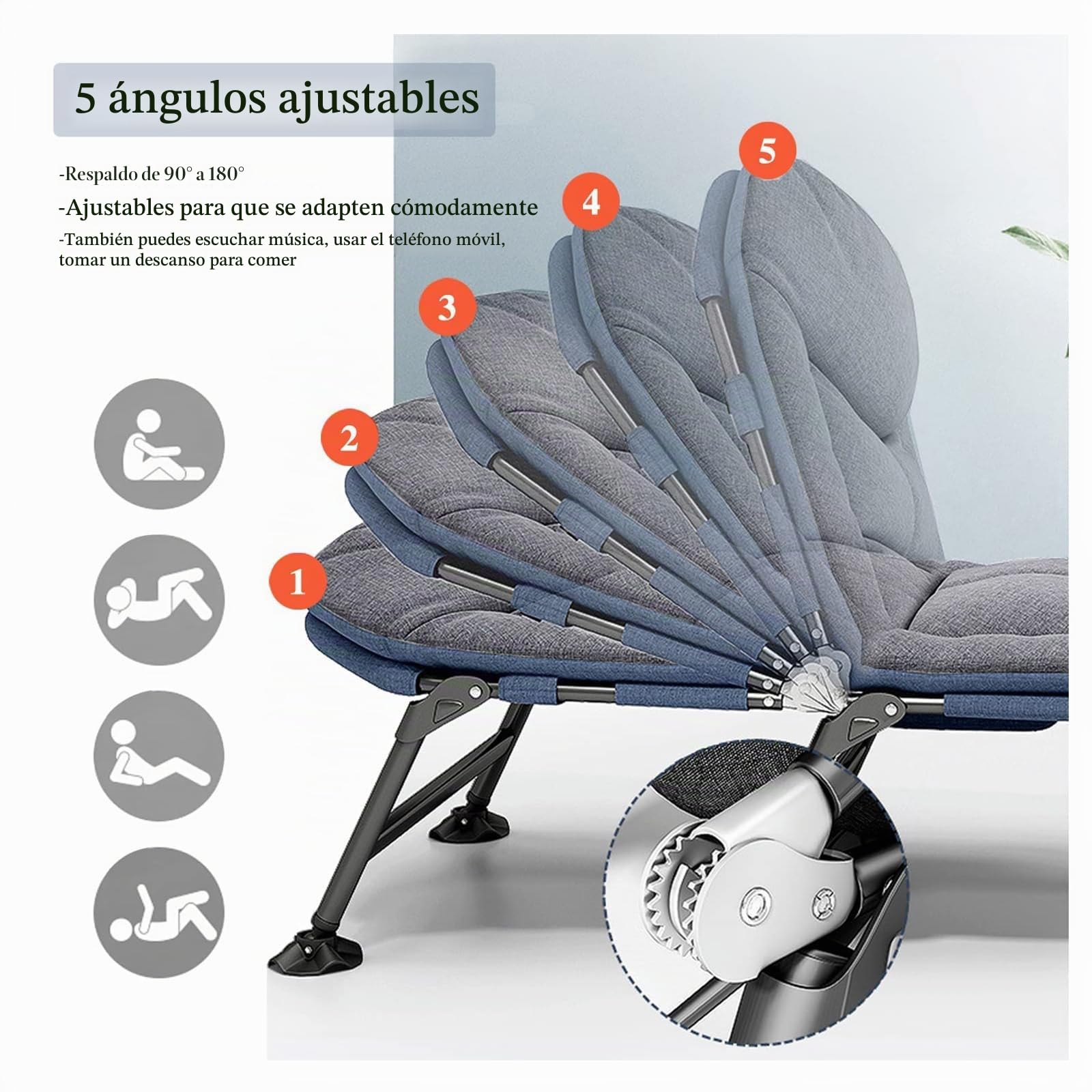 Cama Plegable Camping con Bolsillos Laterales, Cama Camping Plegable con Colchon, Respaldo Ajustable en 5 Posiciones, Soporta hasta 160 Kg, Cama de Exterior para Camping y Jardín