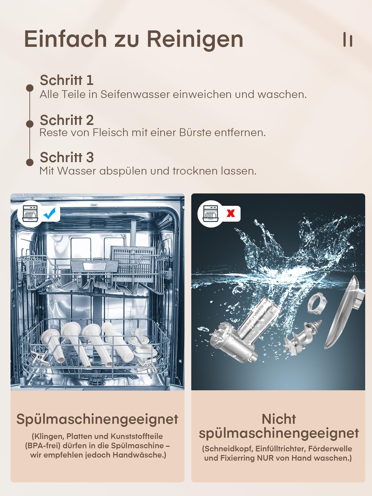 Fleischwolf Elektrisch, 3 in 1 Elektrischer Fleischwolf mit Wurstfüller, 3 Edelstahl-Schleifplatten,1 Kubbe & 3 Wurstfüllrohren