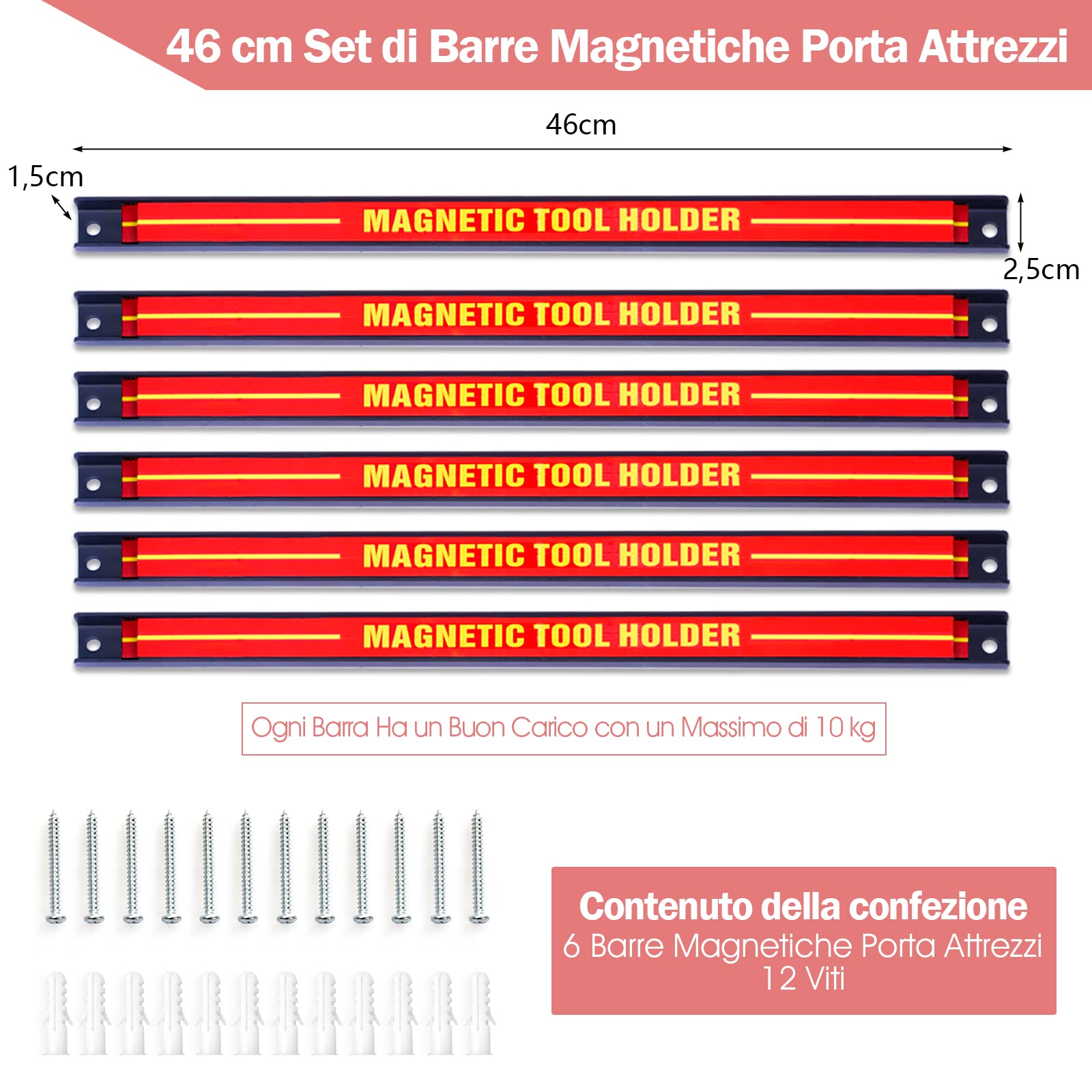 GYMAX Set 6pz Barra Magnetica Portautensili di 46 cm, Rastrelliere da Muro, Scaffale Organizzatore per Atrezzi, Portata di 6x10 kg, Accessori per Meccanico Garage Officina, Rosso